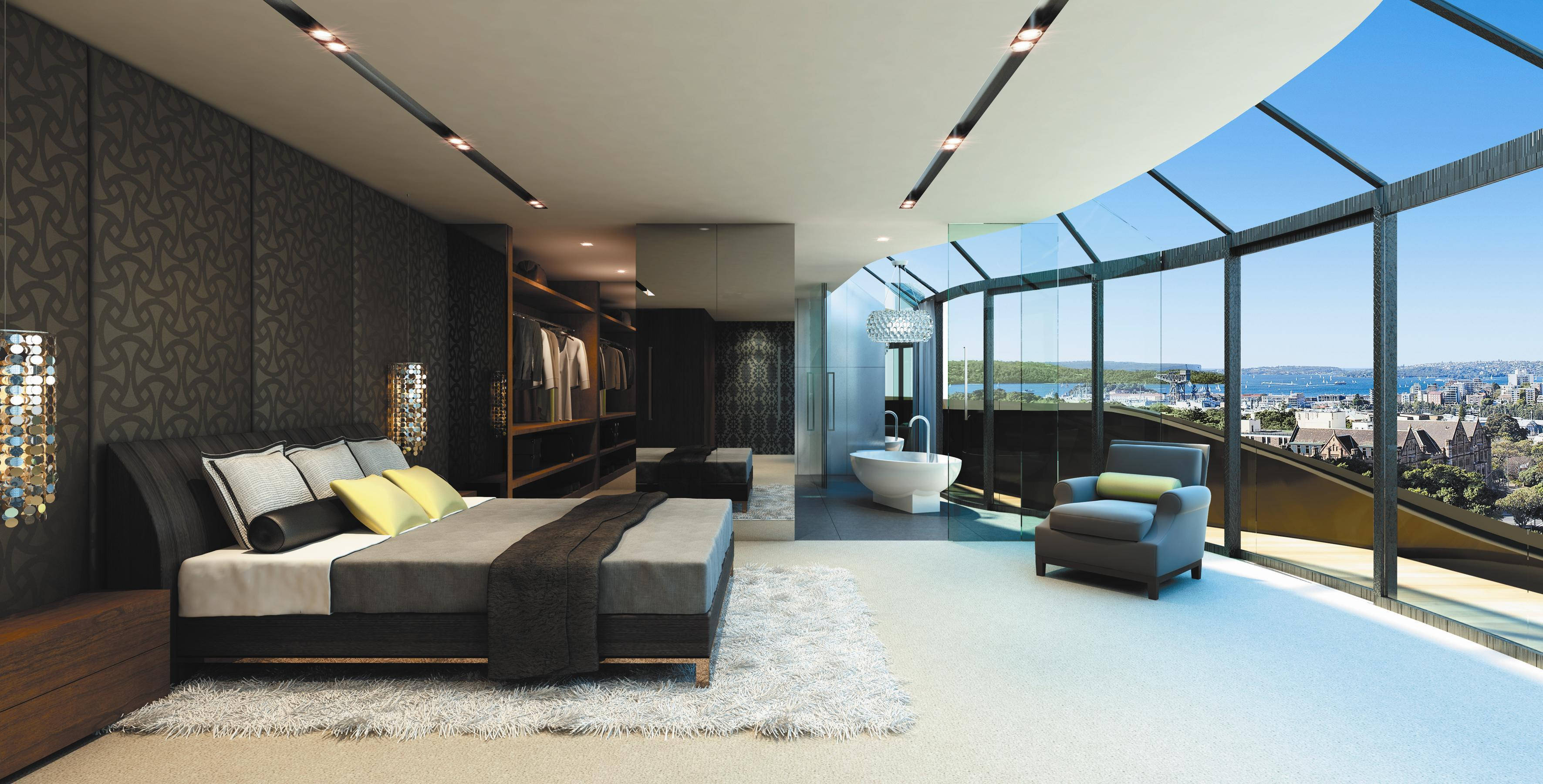 modern style expensive apartment, Luxurious Modern Apartment Interior, floor-to-ceiling windows, 2K Desktop Wallpaper