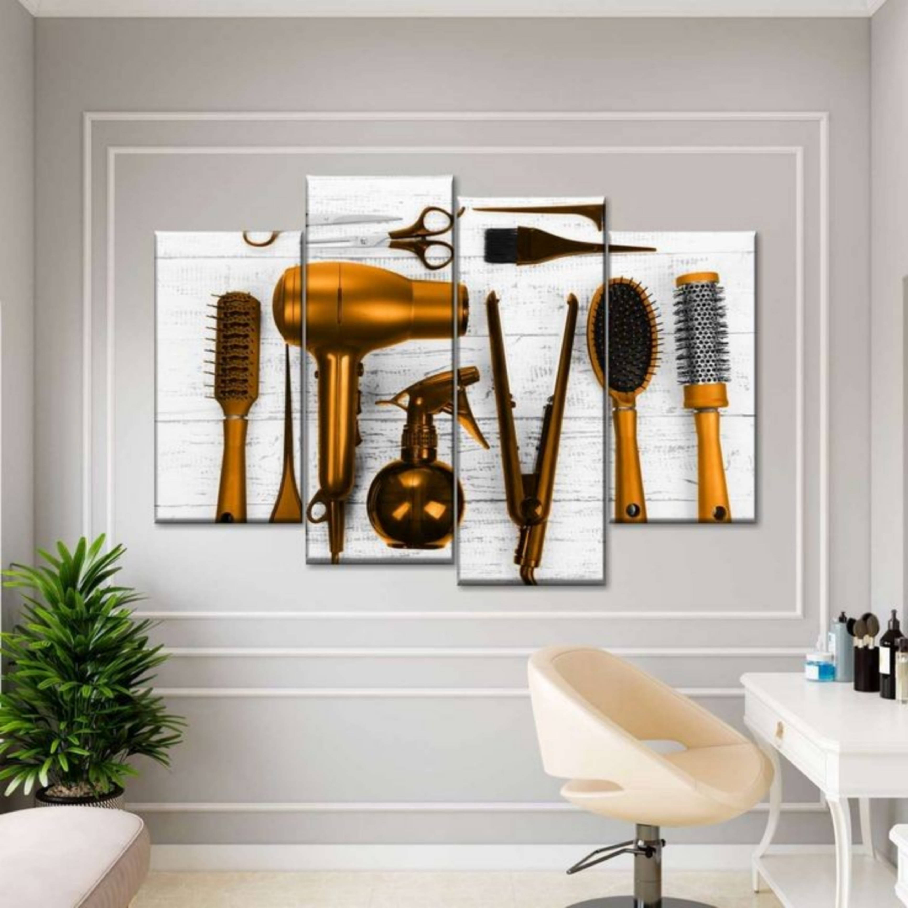 wooden hair salon wall frame, golden hair tools, white wood panels, 2K Desktop Wallpaper