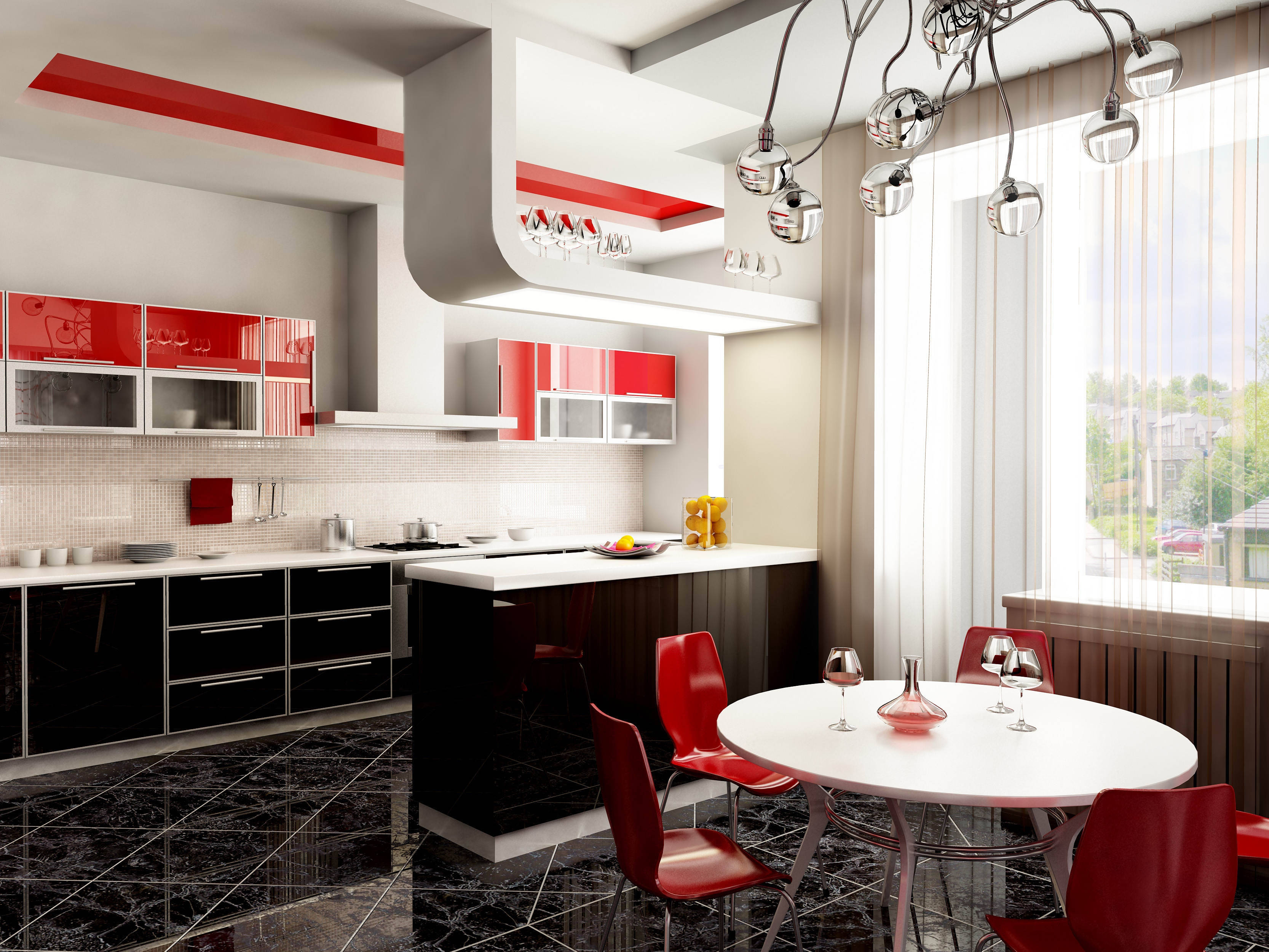 modern kitchen, bold red and black accents, glossy marble floors, 2K Desktop Wallpaper