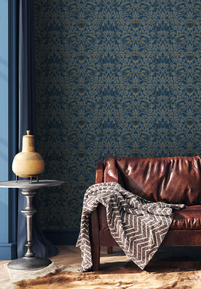 brown leather sofa, zigzag blanket, blue and gold wallpaper, SD Phone Wallpaper