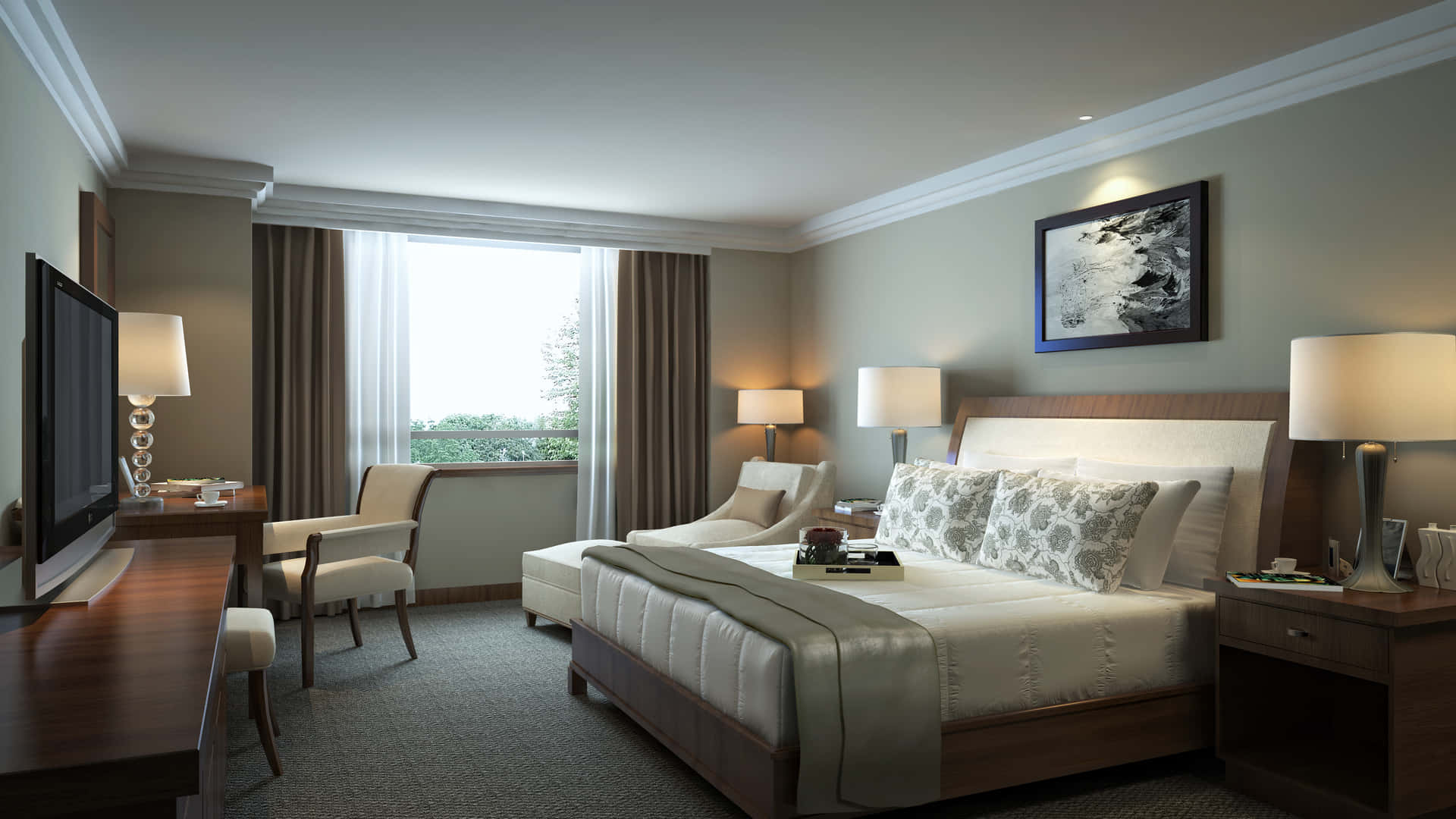 minimalist business class hotel room, large bed, patterned pillows, Full HD Desktop Wallpaper