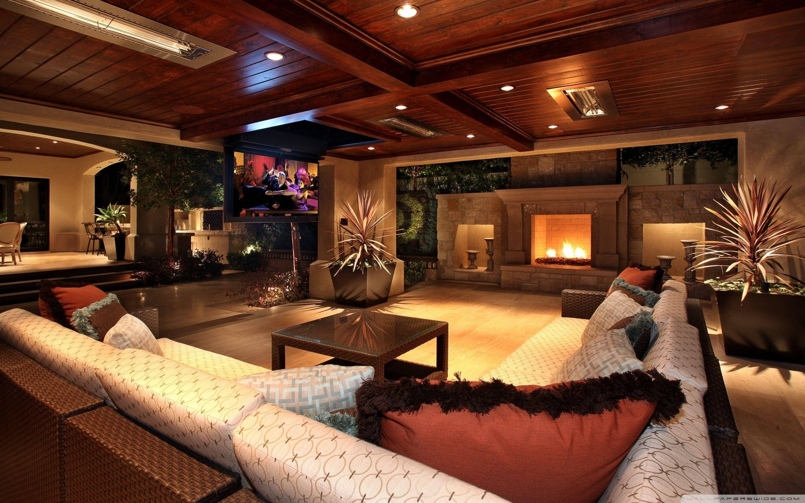 rustic living room, mansion interior design, wooden beams fireplace, 2K Desktop Wallpaper