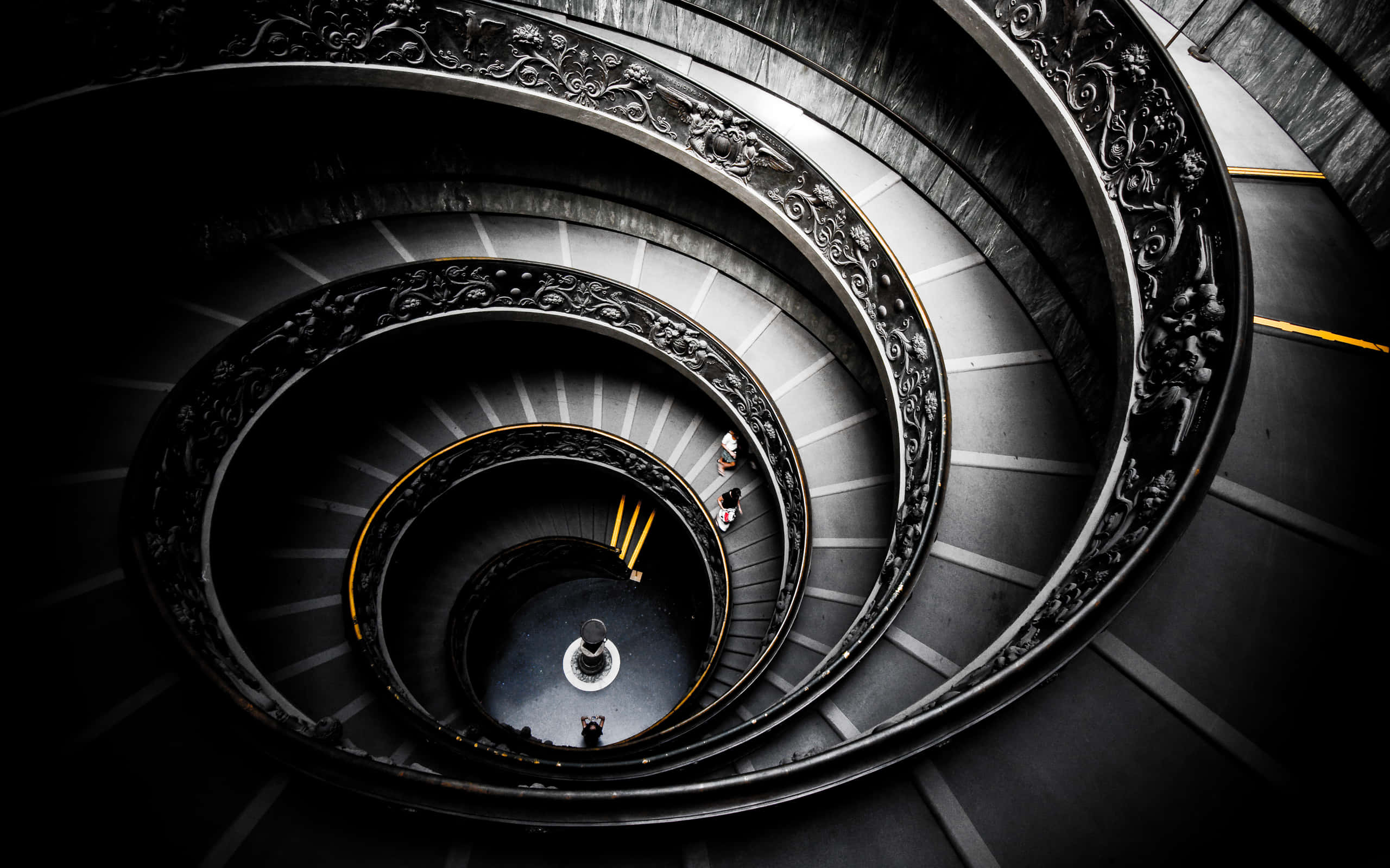 modern iron steps, spiral staircase, ornate railings, 2K Desktop Wallpaper