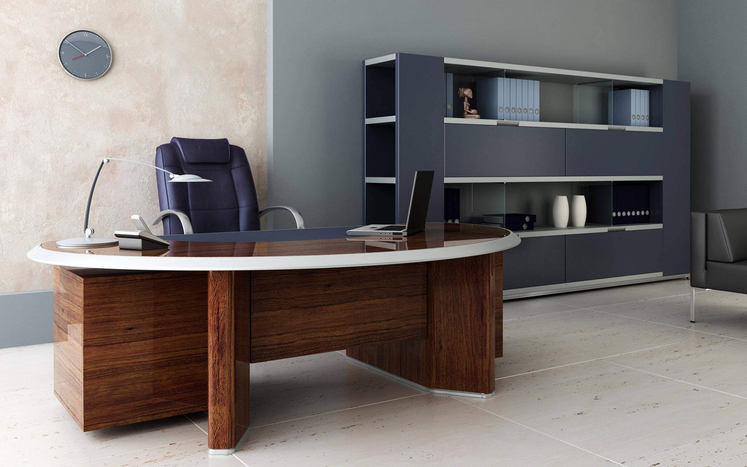 curved wooden desk, glossy finish, dark blue ergonomic chair, 2K Desktop Wallpaper