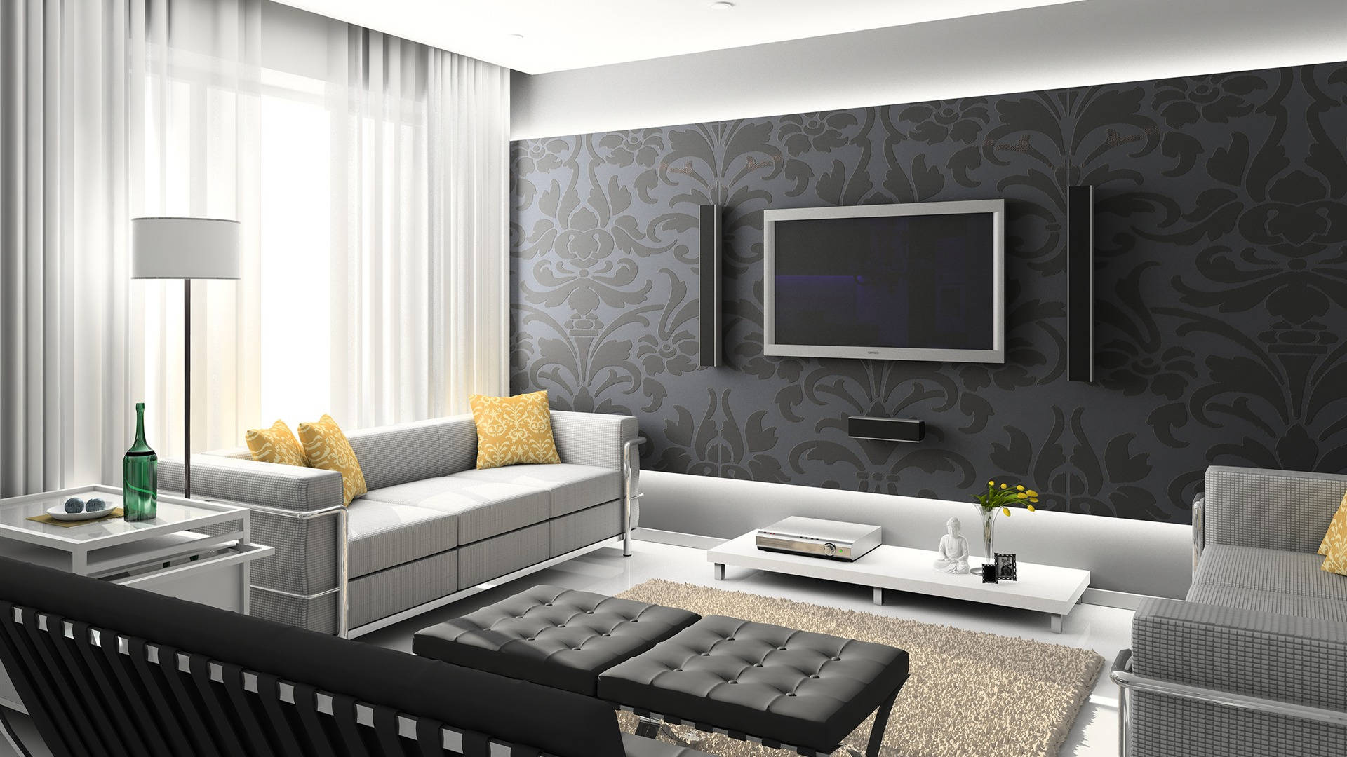 black wall paint art, gray sofas, yellow pillows, Full HD Desktop Wallpaper