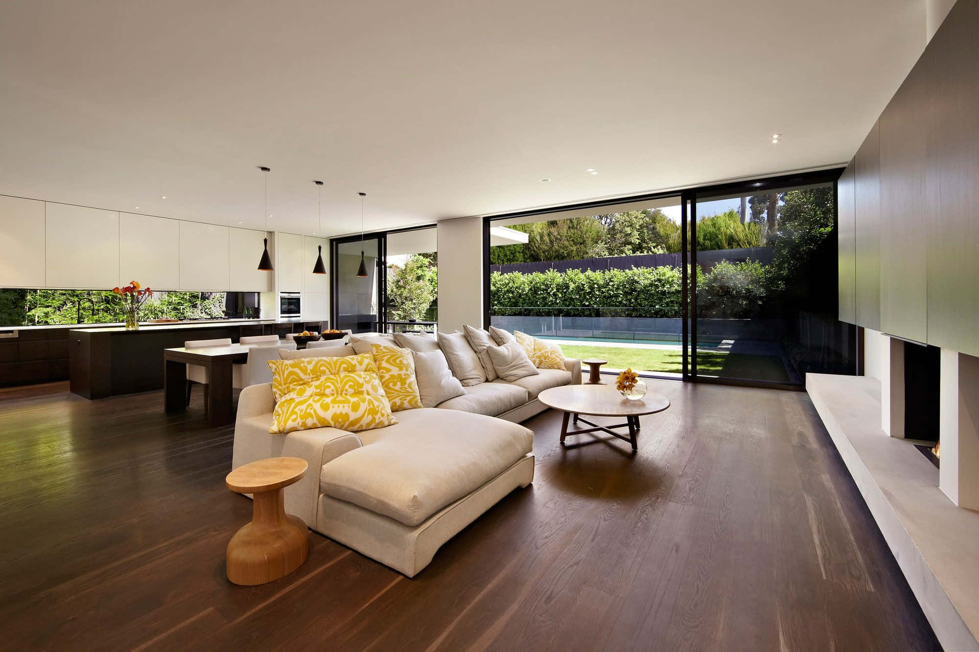 beige sofa, yellow patterned pillows, dark wood floors, Full HD Desktop Wallpaper