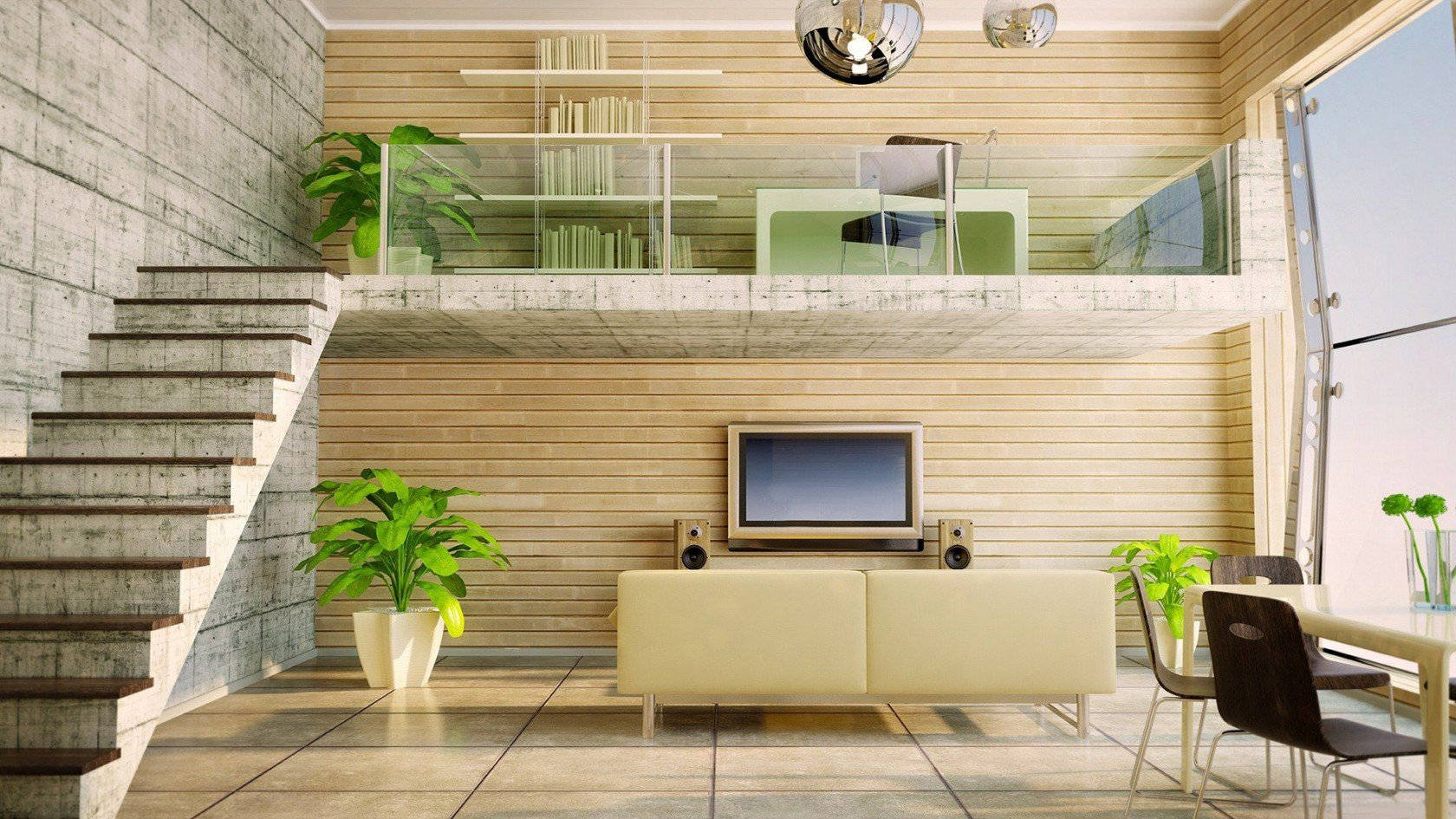 minimalistic mezzanine, concrete staircase, wooden walls, HD Desktop Wallpaper