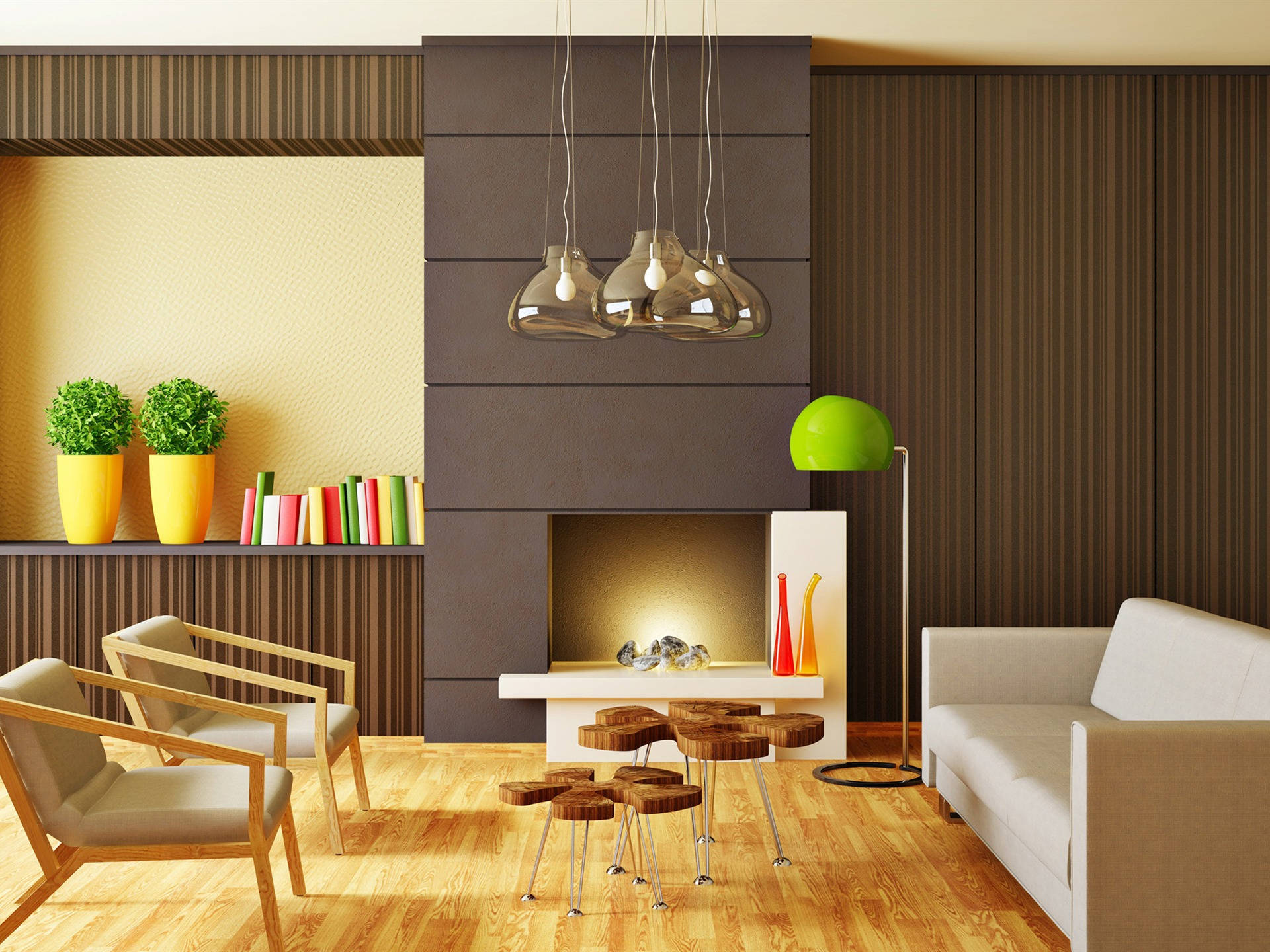 wooden floors, white sofa, hanging glass lamps, Full HD Desktop Wallpaper