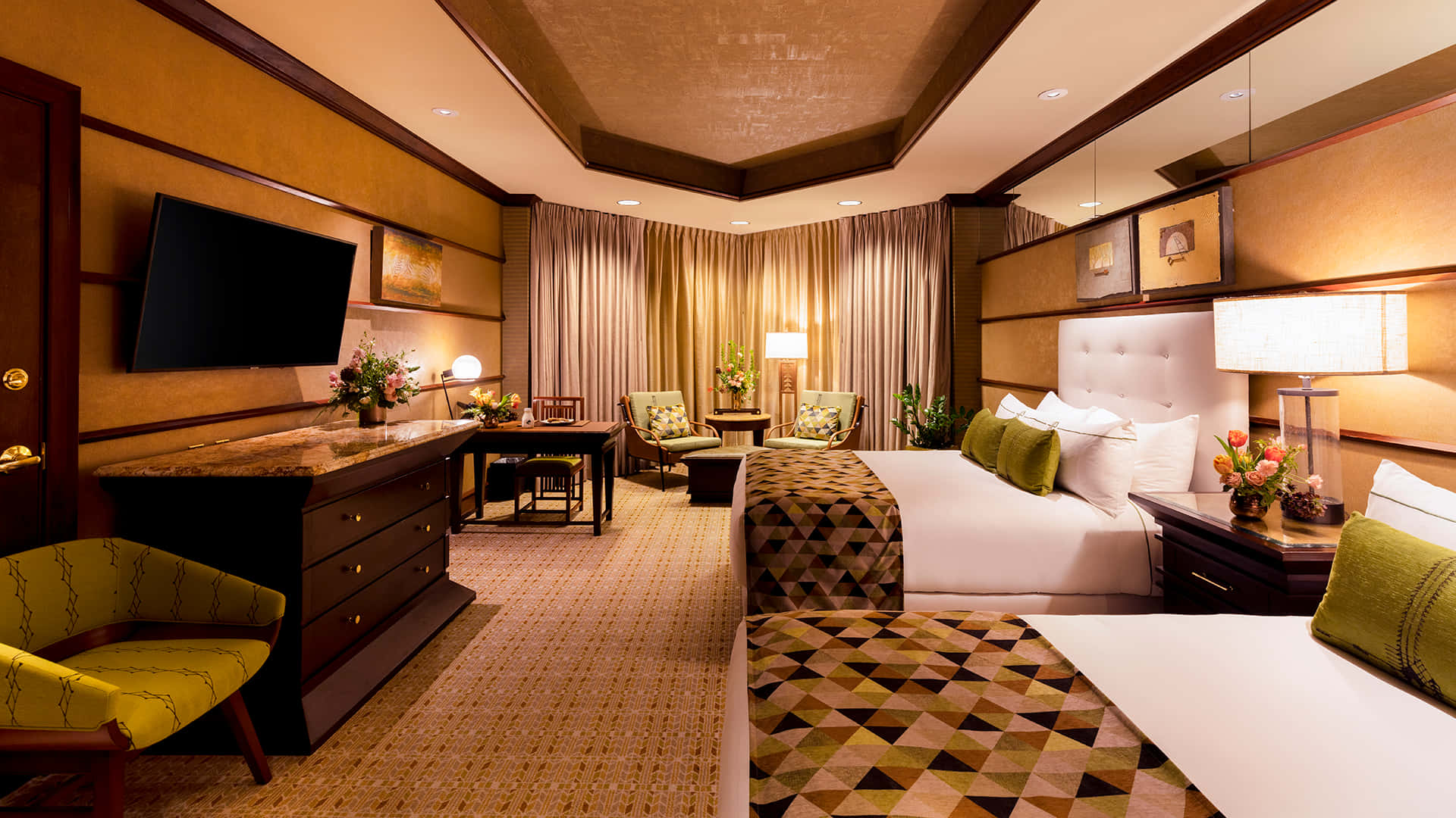 luxury double bed, hotel room, two beds, Full HD Desktop Wallpaper