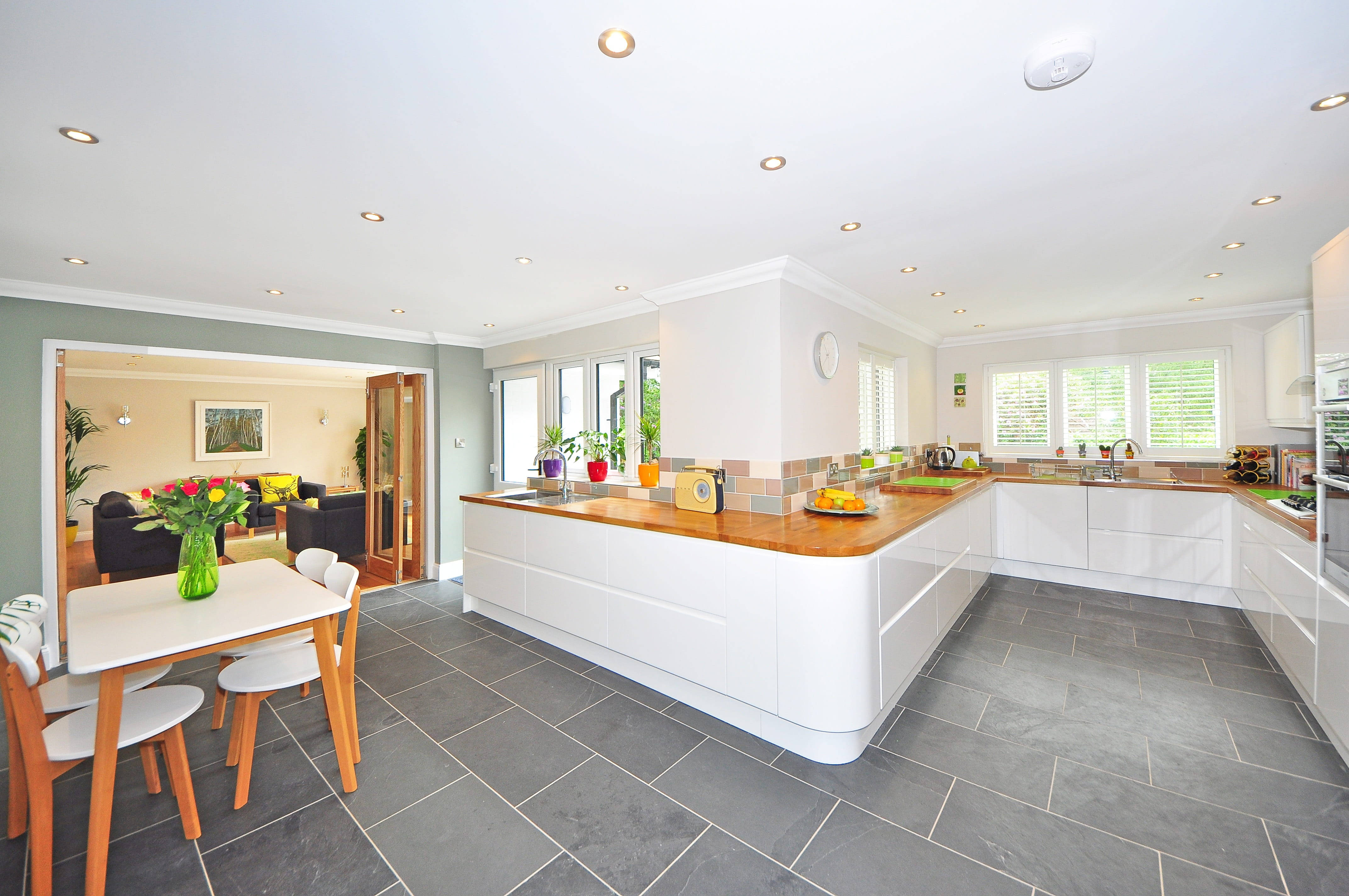 gray tiled floor, white cabinetry, wooden countertops, 4K Desktop Wallpaper