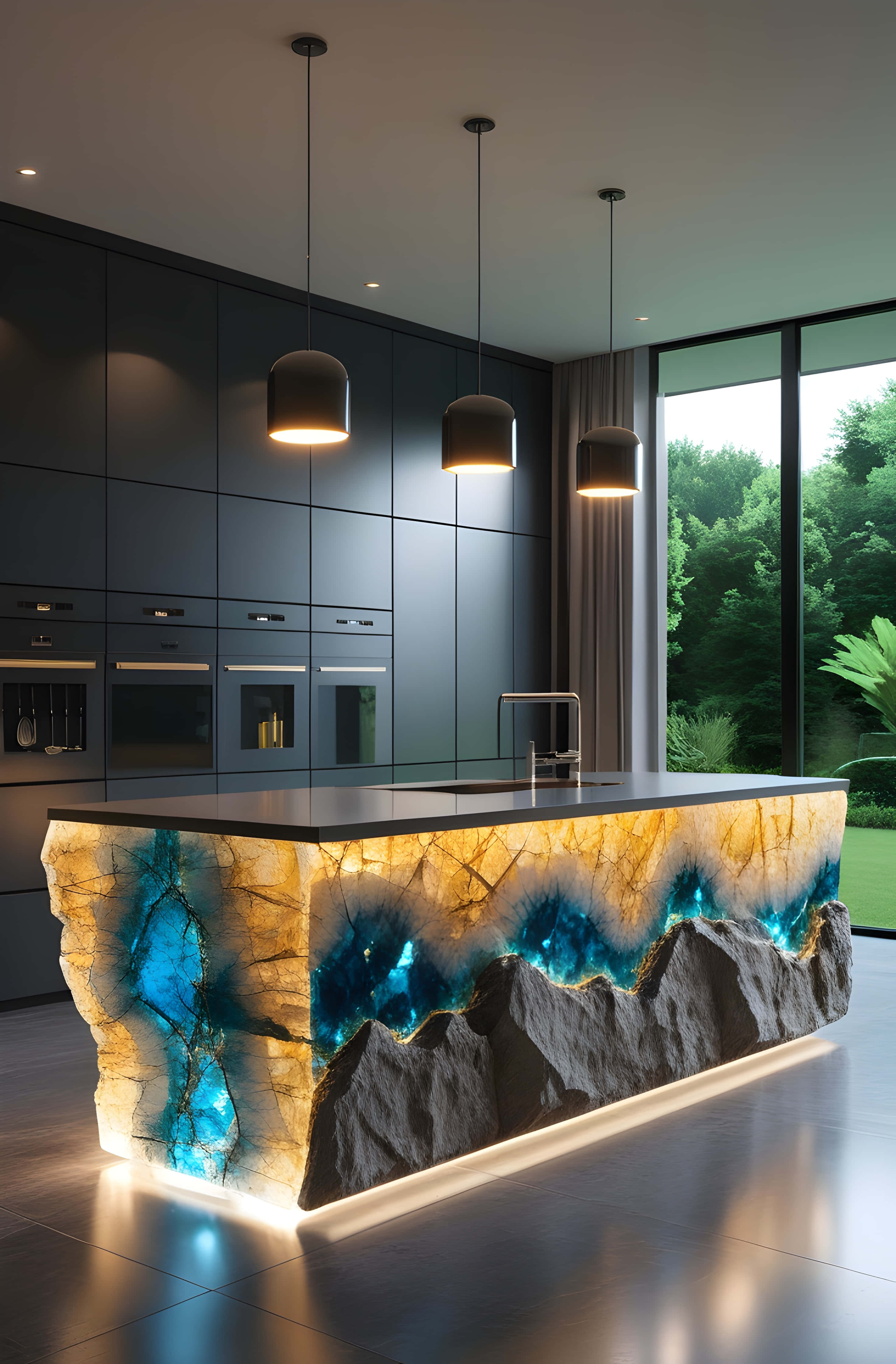 geode countertop, glowing blue and gold, modern kitchen island, 4K Phone Wallpaper