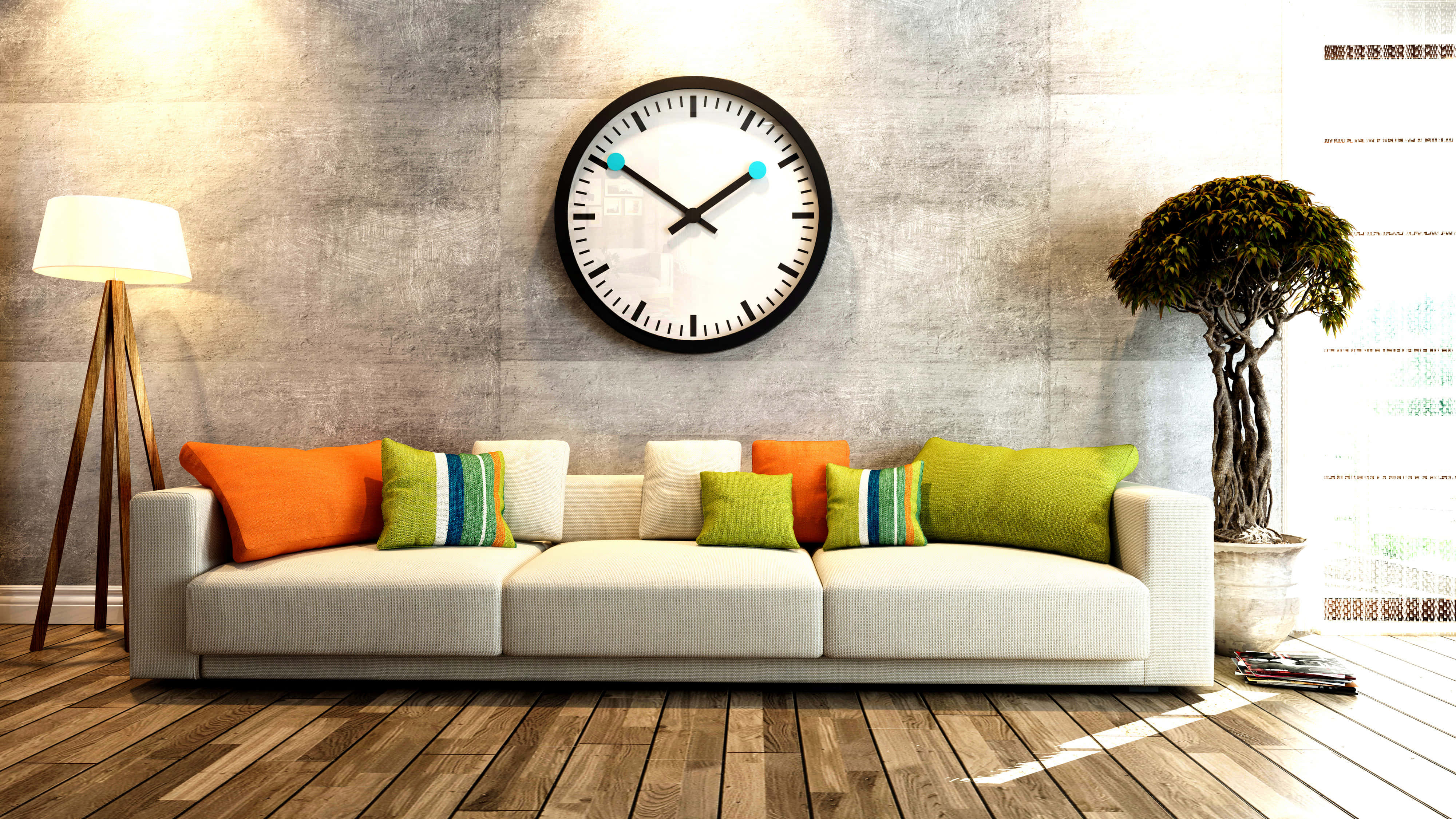 modern living room, white sofa, colorful pillows, 4K Desktop Wallpaper