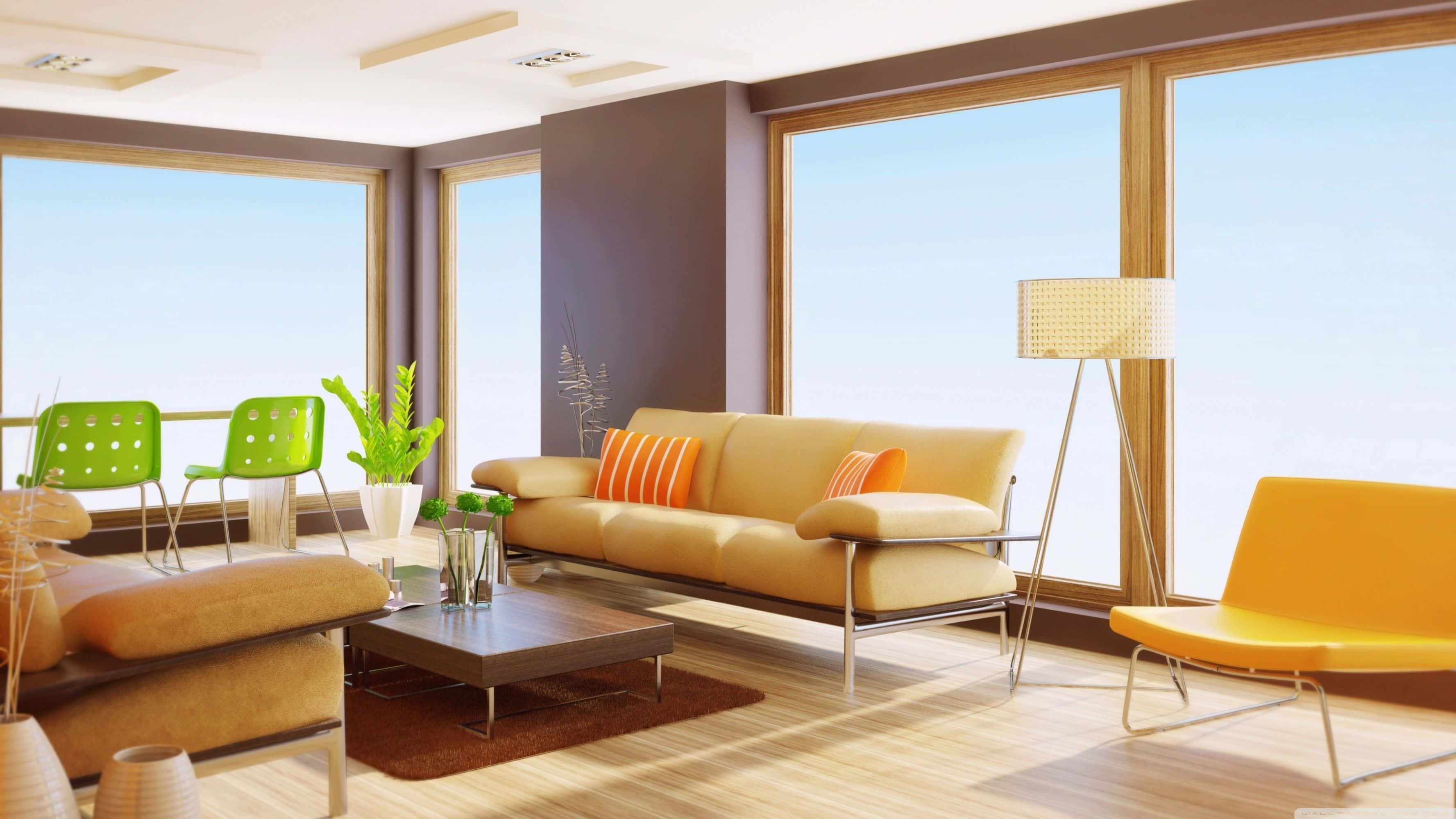 light earth tones, modern sunlit living room, yellow sofa, 2K Desktop Wallpaper