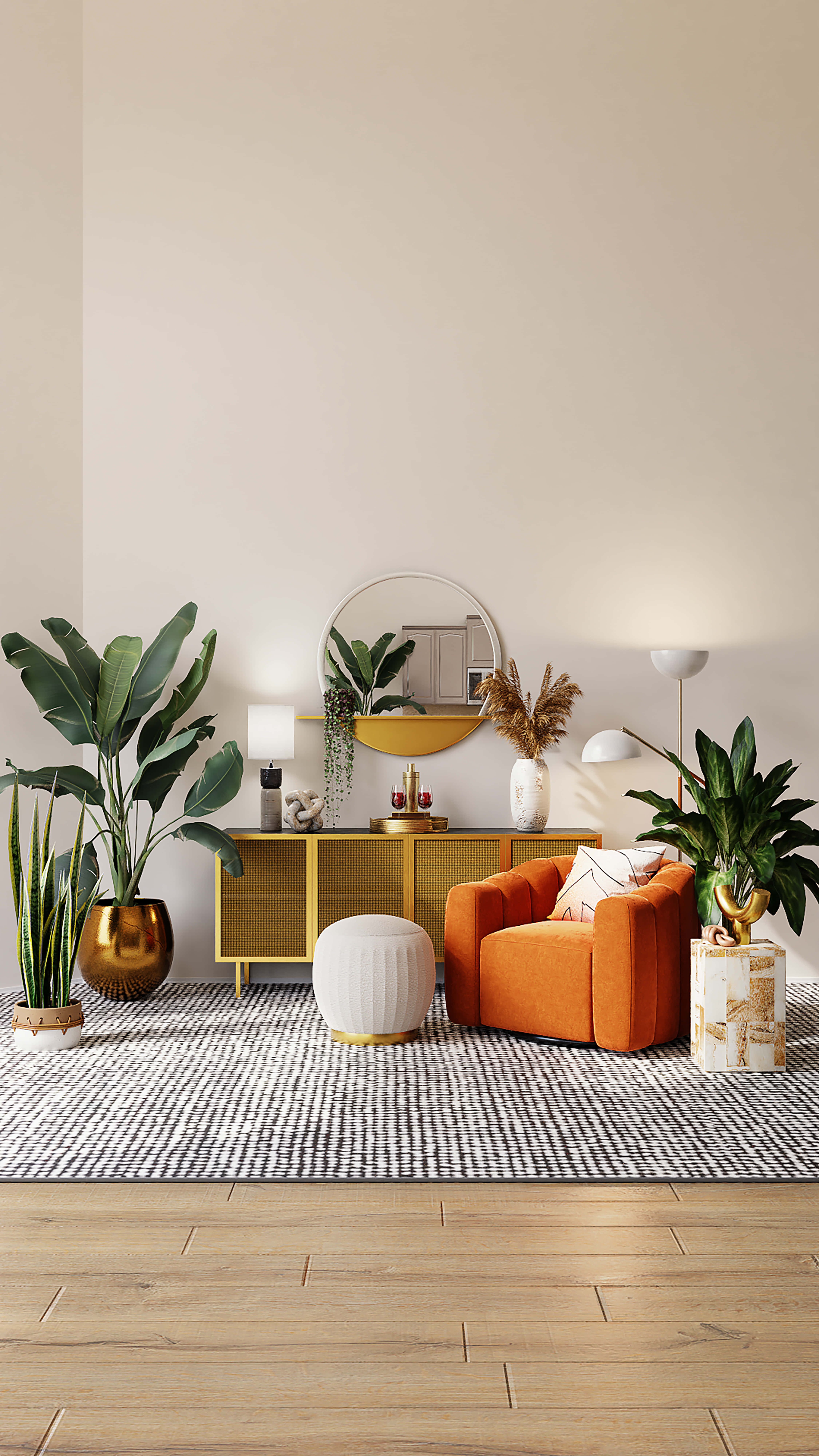 bohemian chic interior style, orange armchair, gold console, 8K Phone Wallpaper