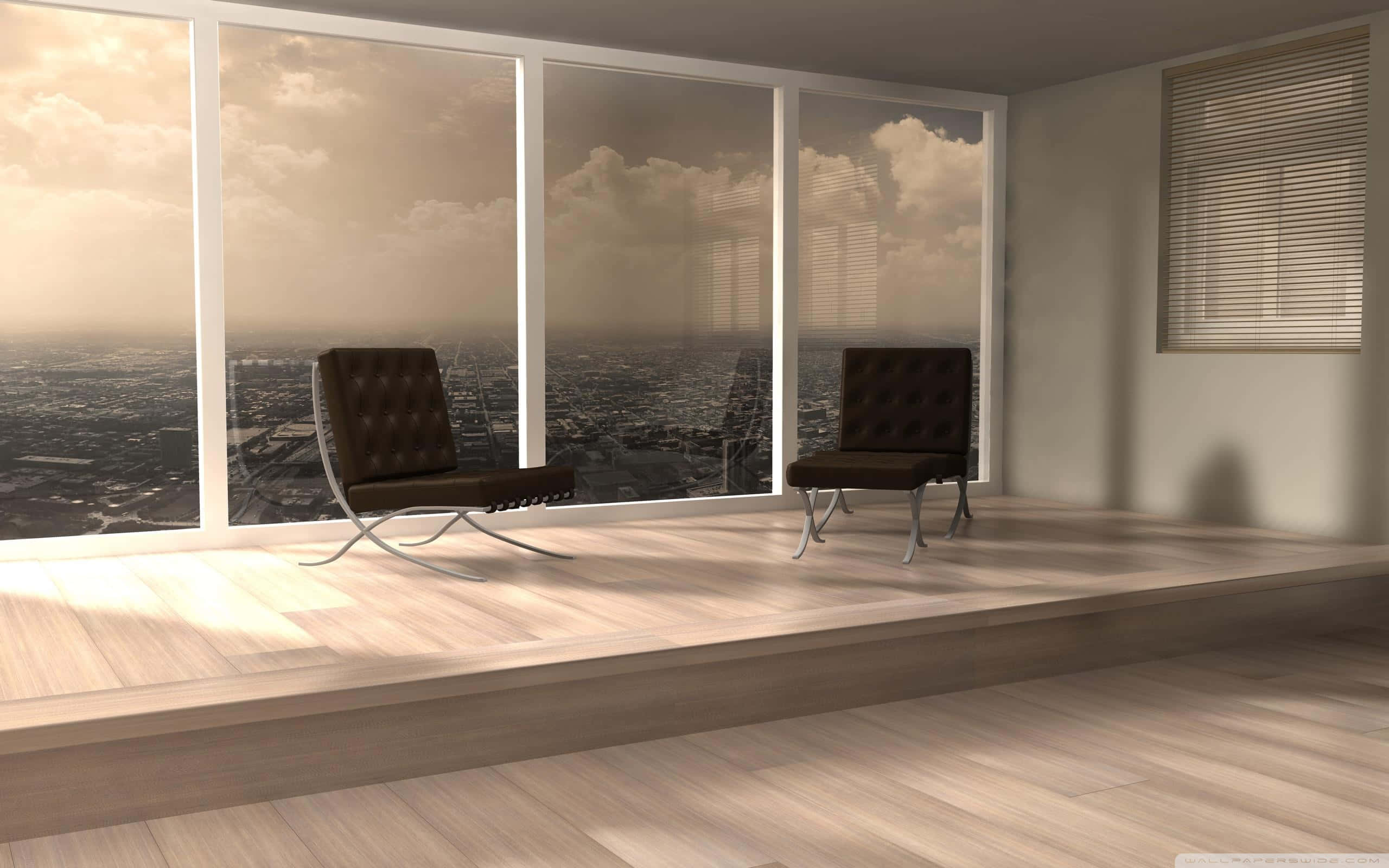 minimalist interior, city view, modern chairs, 2K Desktop Wallpaper