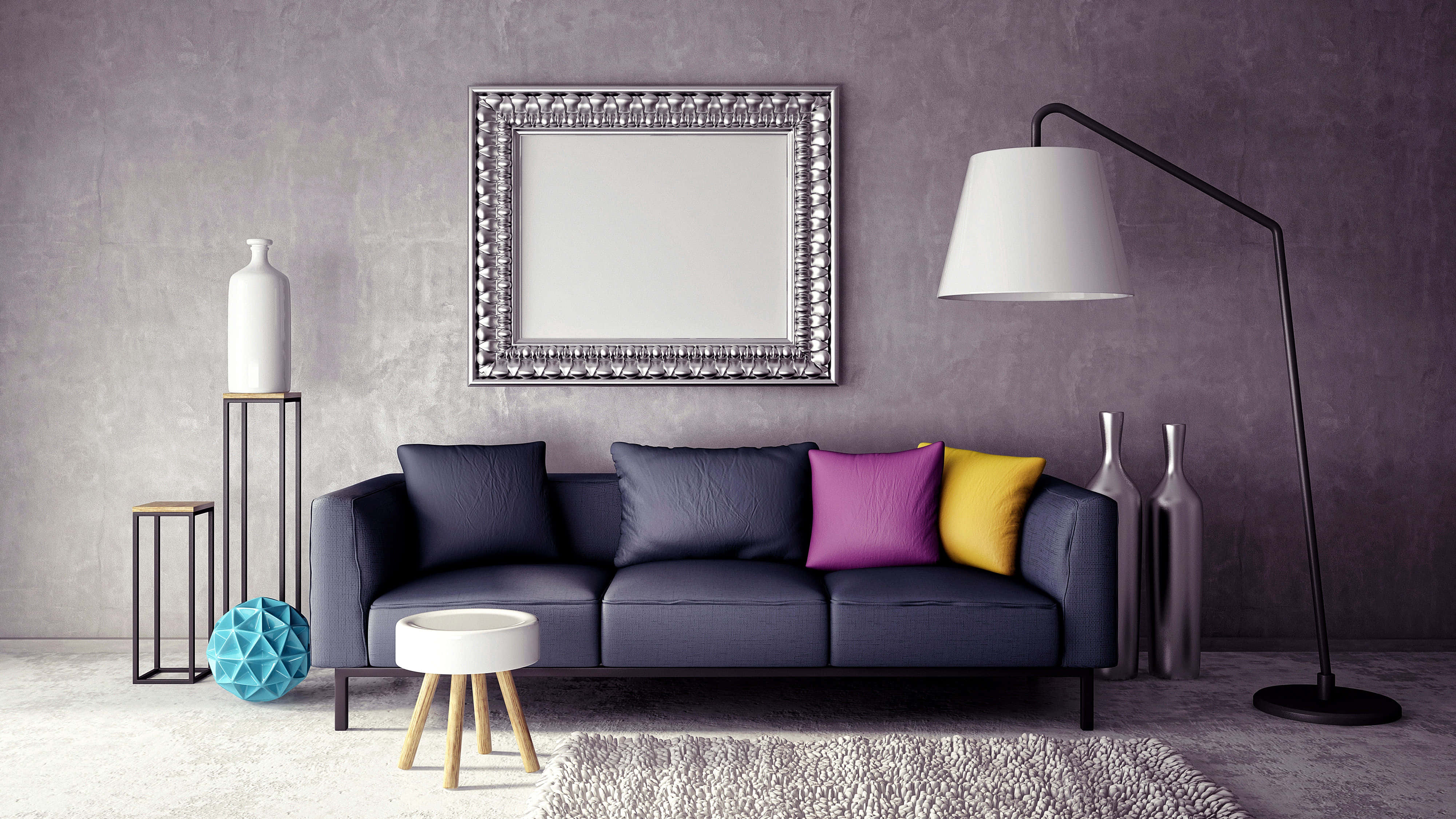 purplish gray, dark gray sofa, purple pillows, 4K Desktop Wallpaper