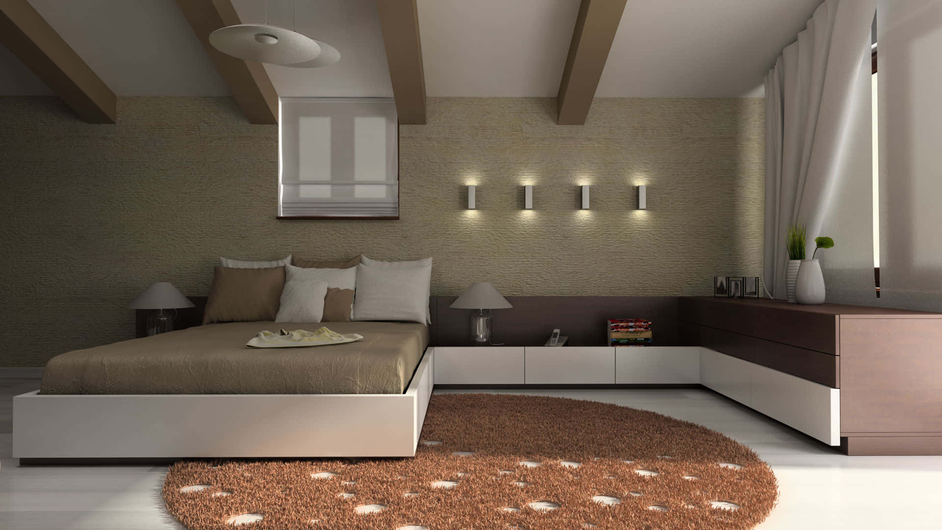 modern bedroom, low bed, white nightstands, Full HD Desktop Wallpaper