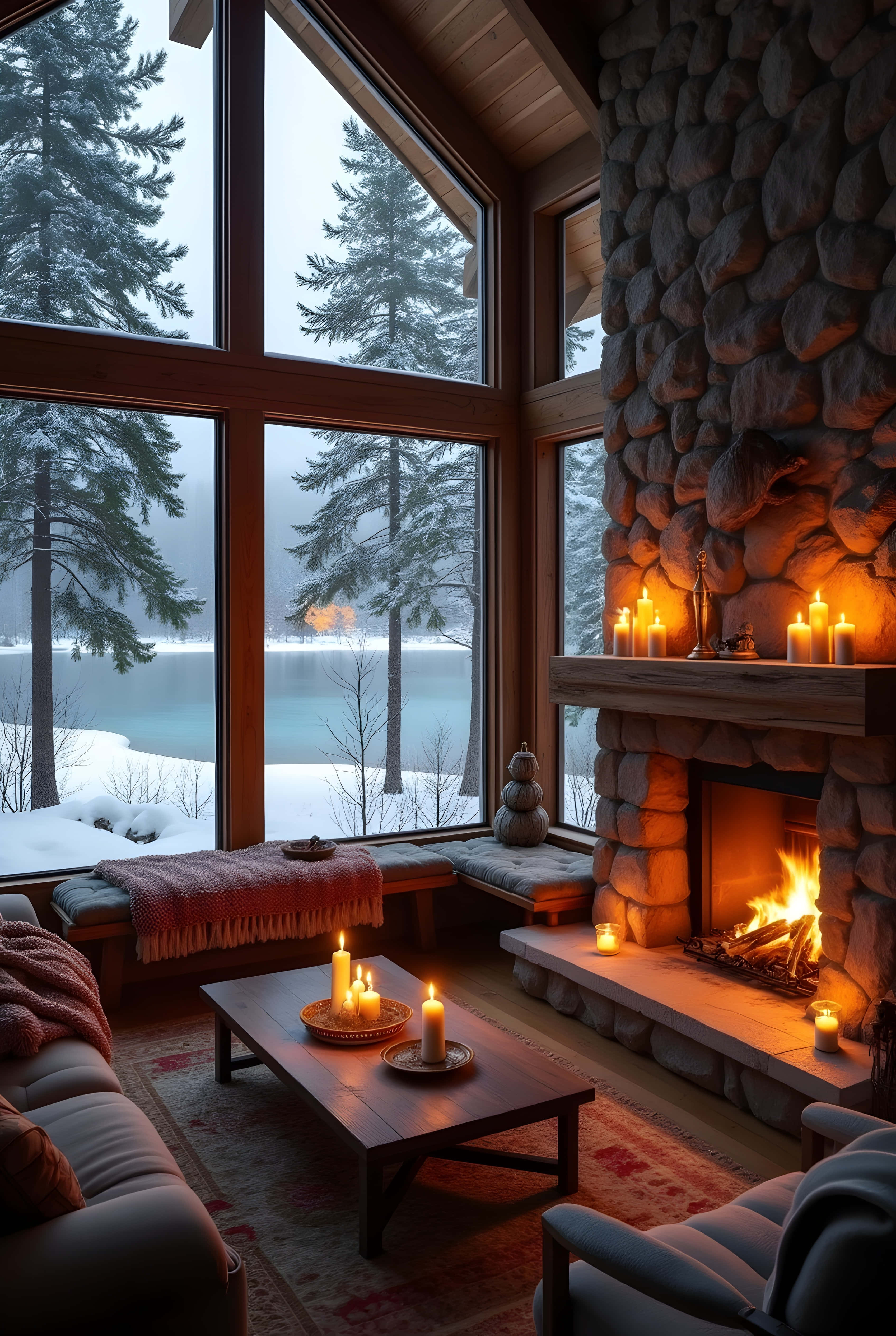 stone fireplace, candles glowing warmly, large windows, 4K Phone Wallpaper