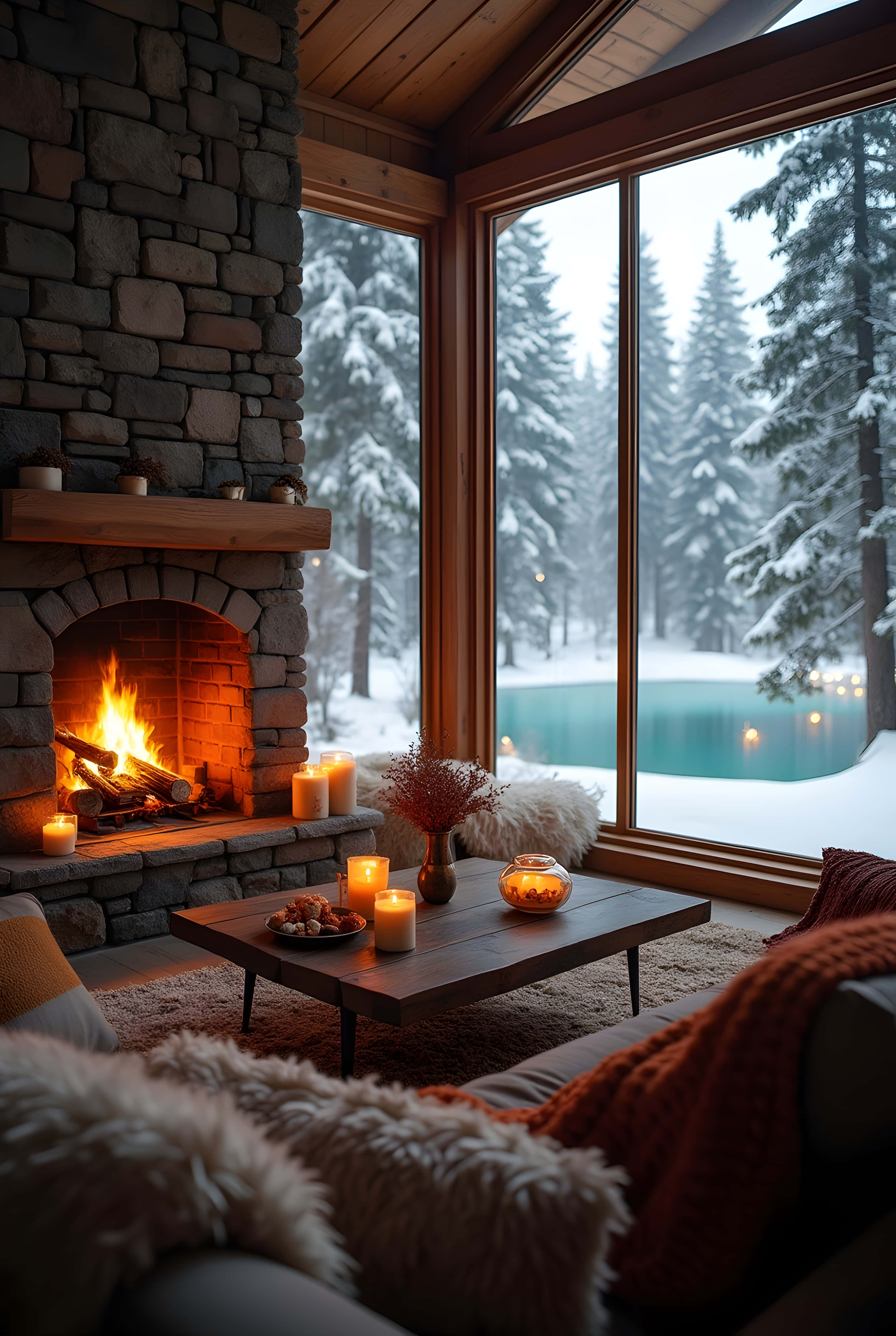 stone fireplace, wooden coffee table, snow blankets, 4K Phone Wallpaper