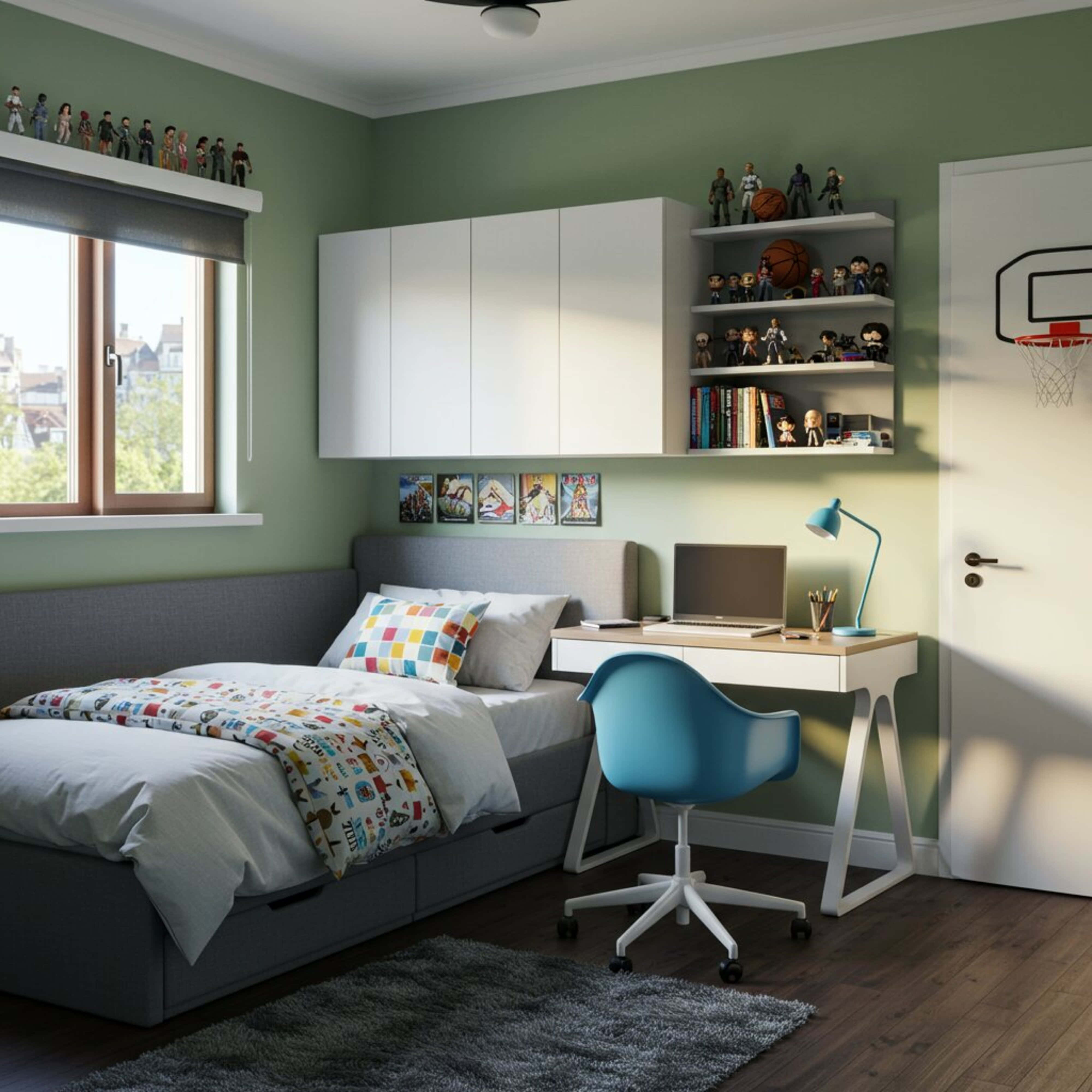 green walls, gray bed, colorful bedding, 4K Desktop Wallpaper