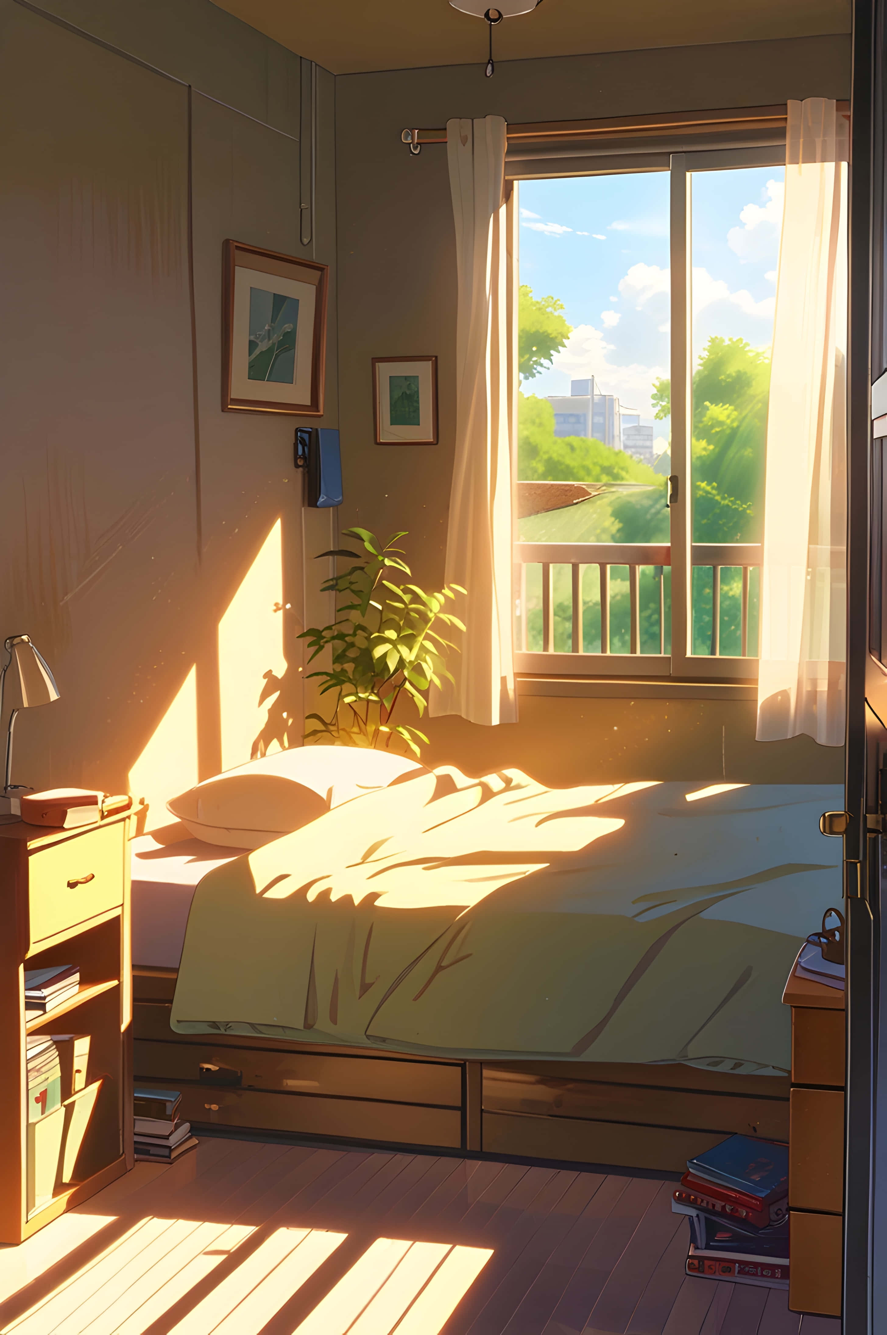 golden hour, sheer curtains, wooden bed, 4K Phone Wallpaper