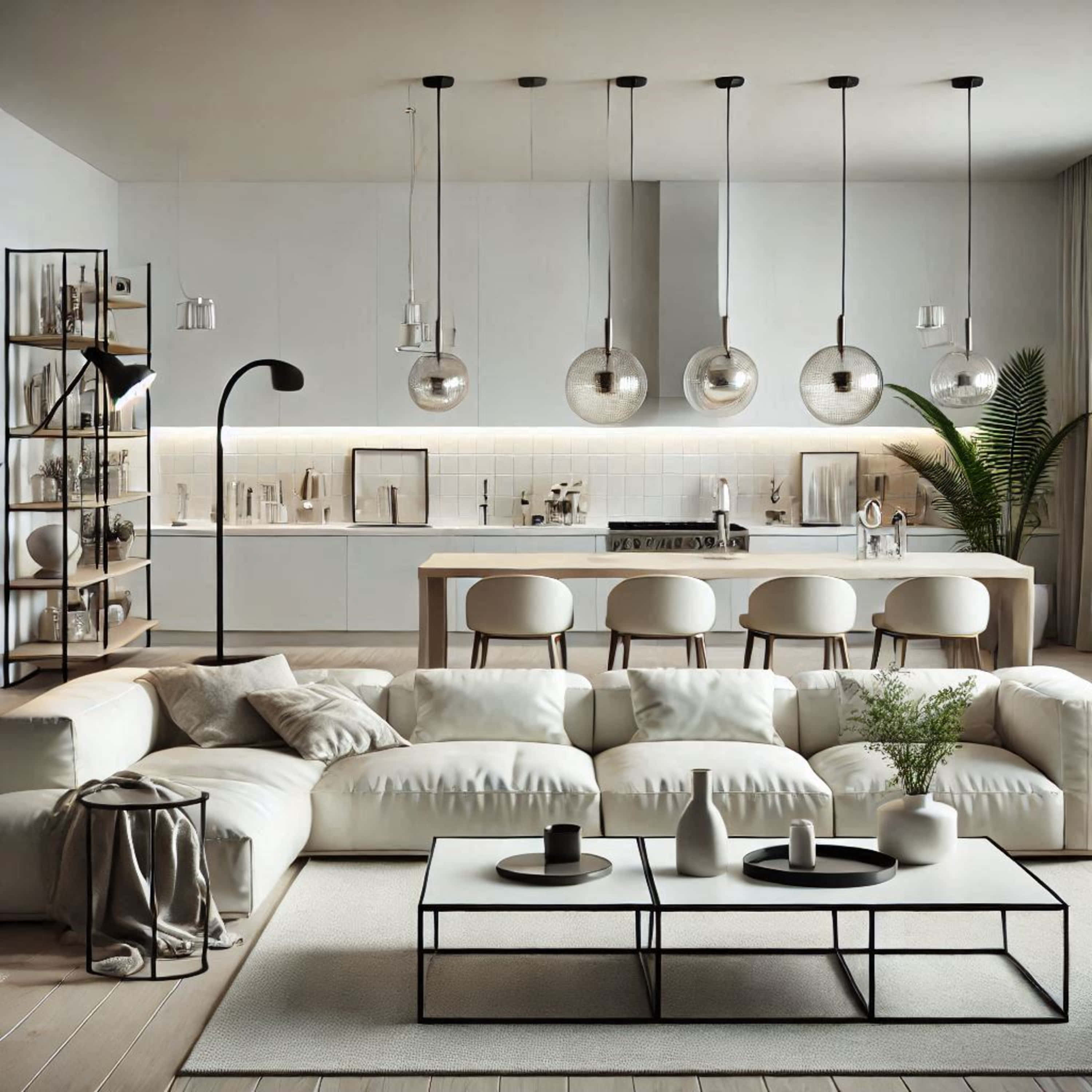 modern living room, white sectional sofa, black metal coffee table, 2K Desktop Wallpaper