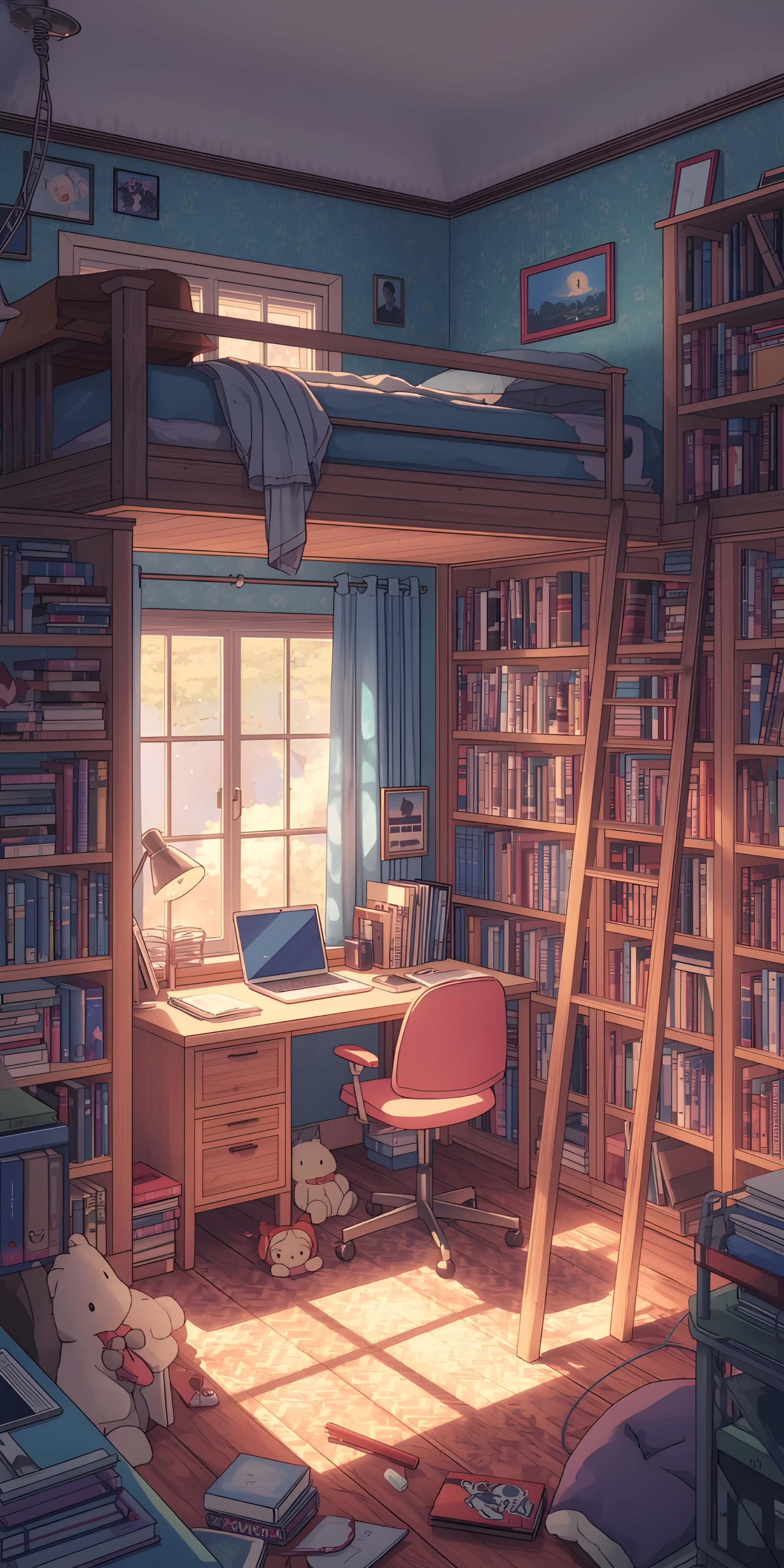 loft bed, bookshelves, wooden desk, 4K Phone Wallpaper