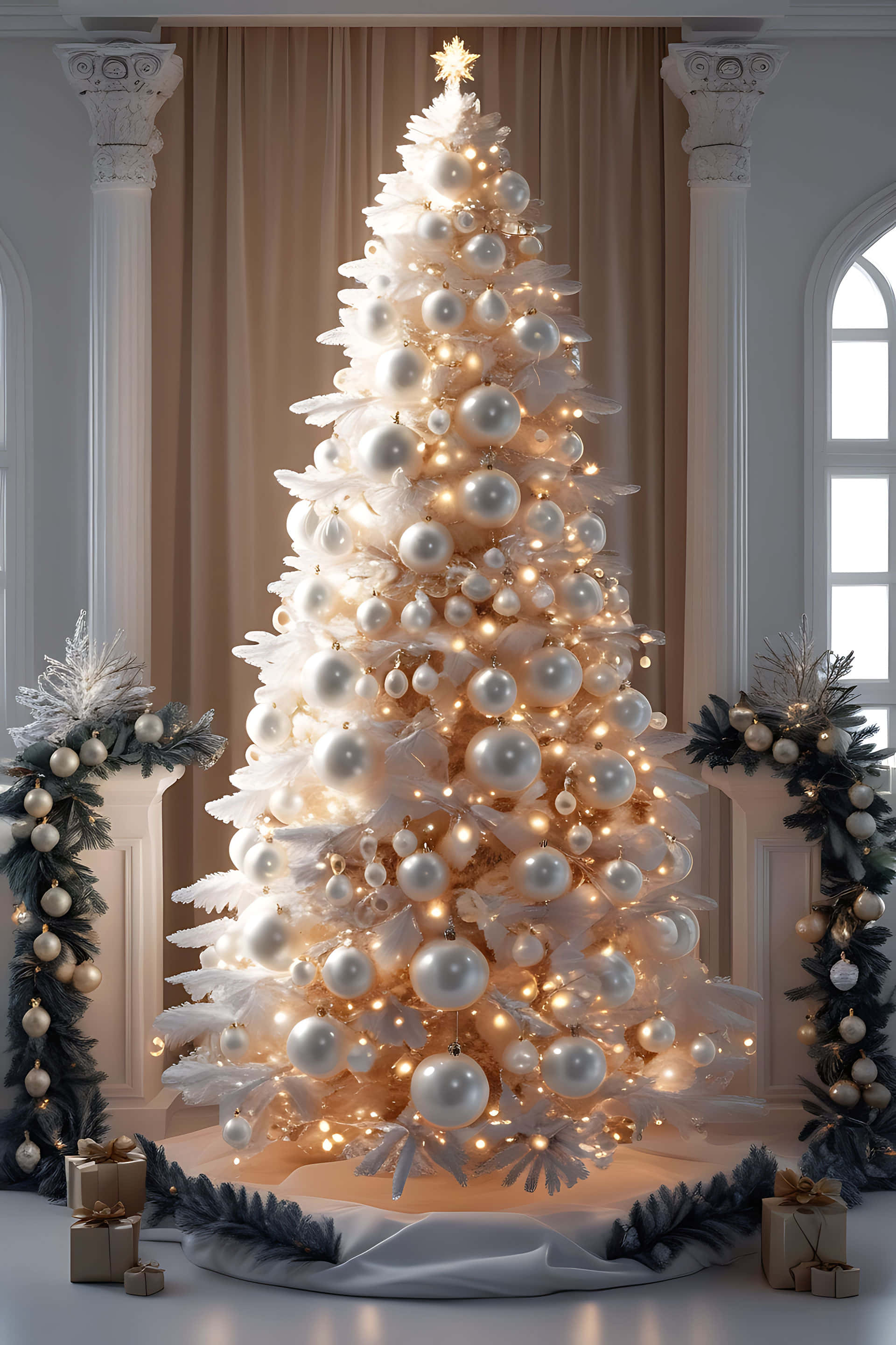 white Christmas tree, glowing lights, pearl ornaments, 2K Phone Wallpaper
