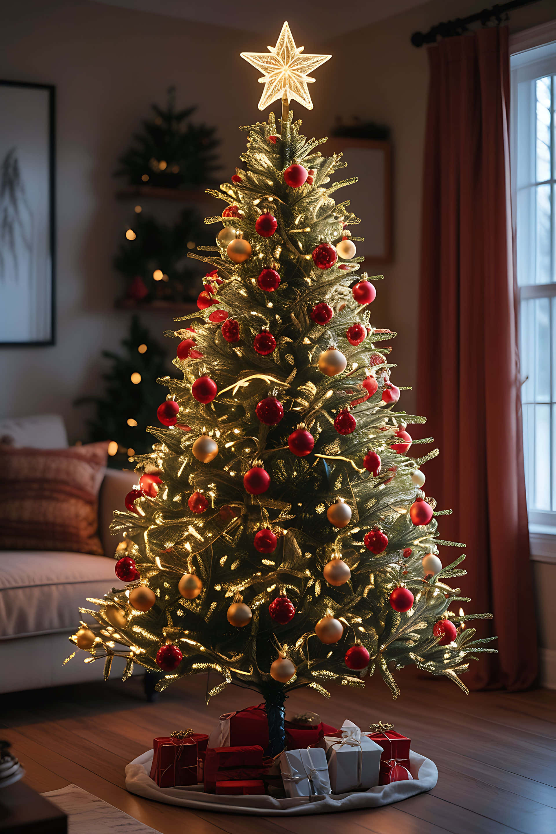 elegant christmas tree, red and gold ornaments, glowing star, 2K Phone Wallpaper