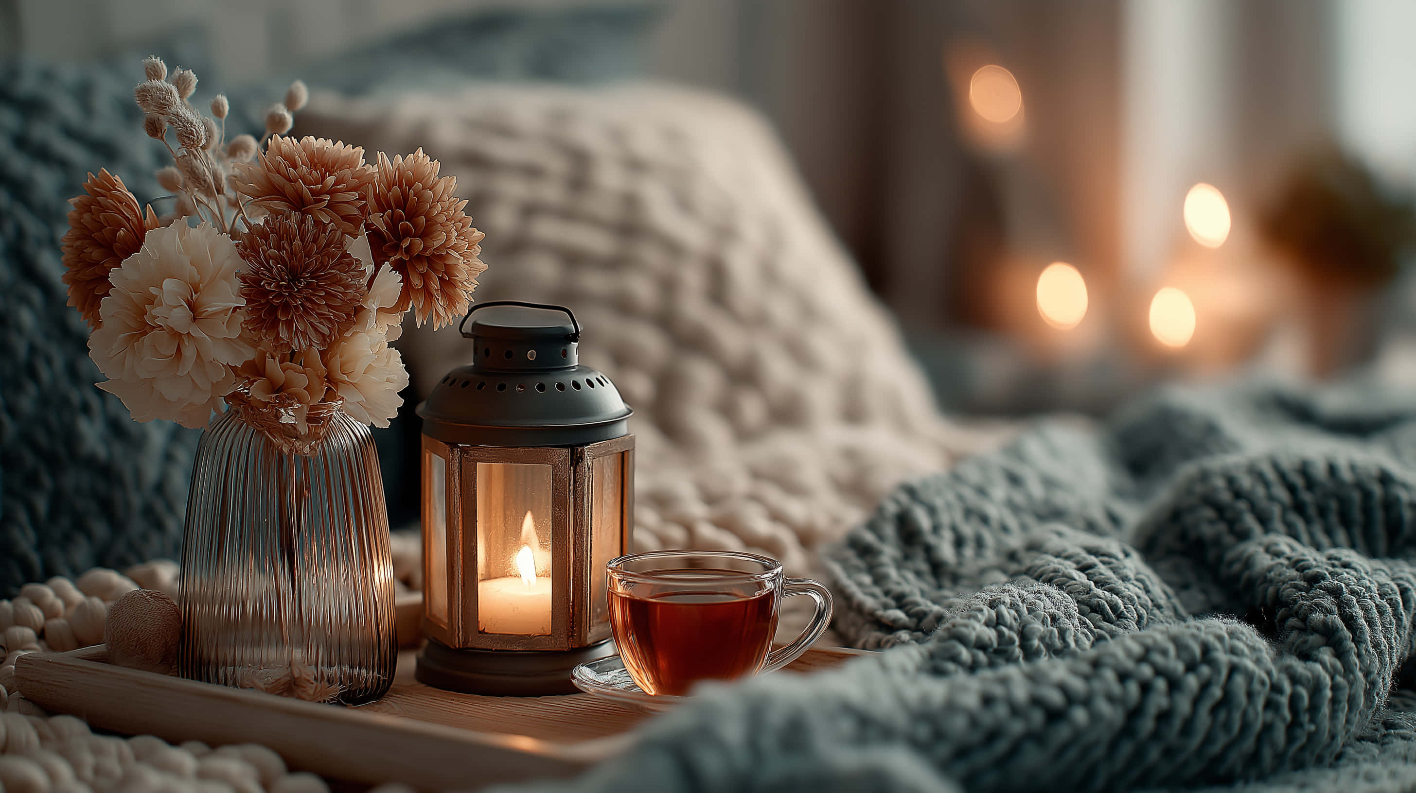 cozy bedroom, lit lantern, cup of tea, 2K Desktop Wallpaper