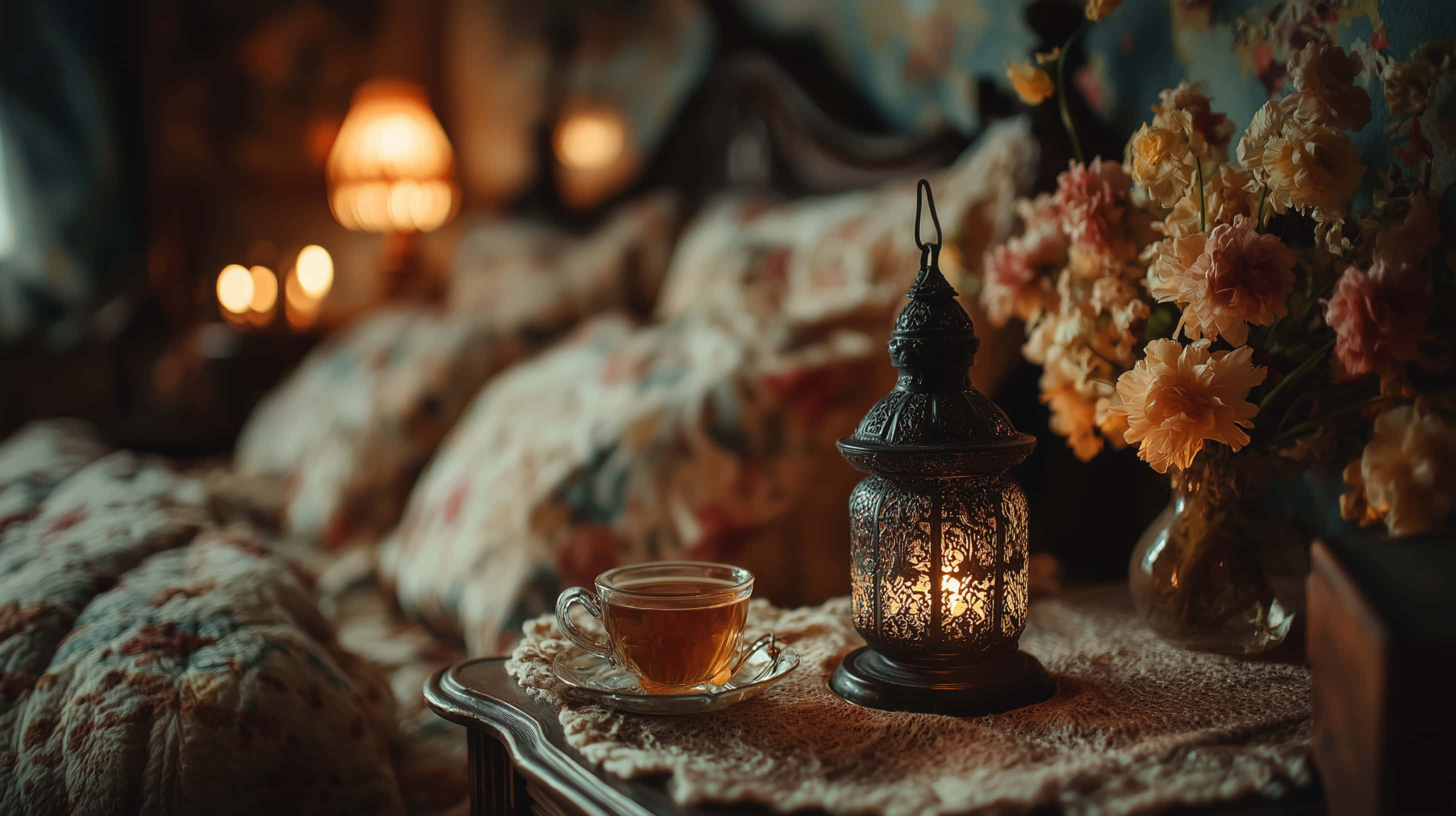 lantern, tea cup, lace tablecloth, 2K Desktop Wallpaper