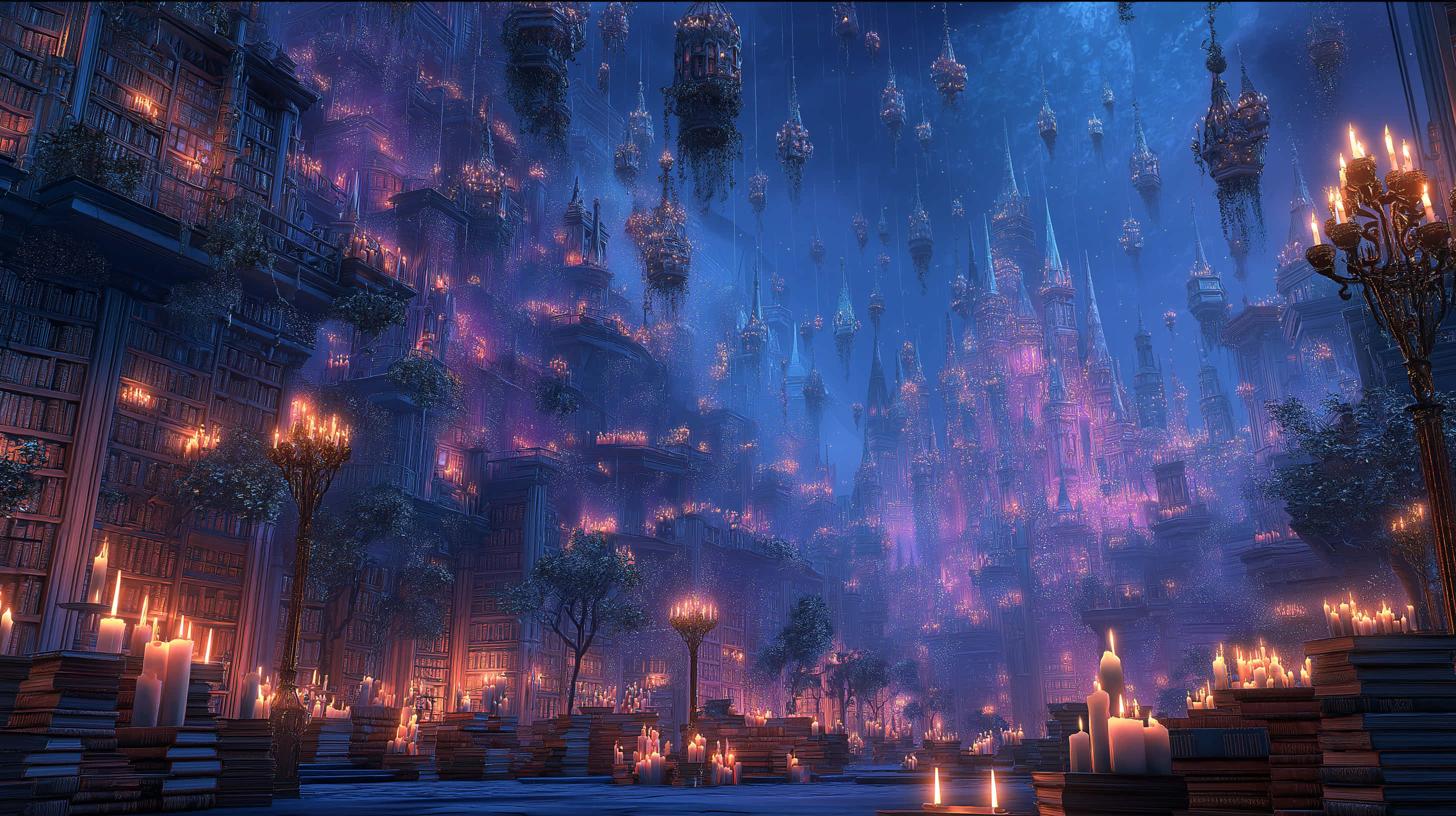 candlelit grand library, floating book-filled towers, candlelit stacks, 2K Desktop Wallpaper