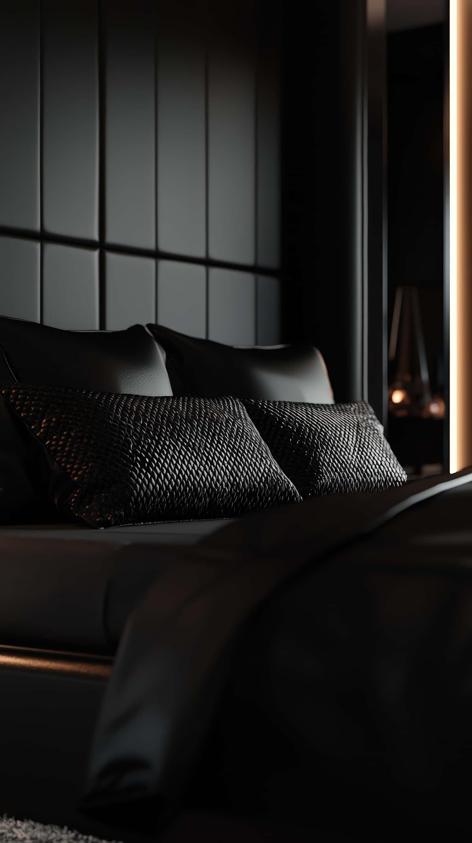 black bedroom, sleek bed, textured pillows, 2K Phone Wallpaper