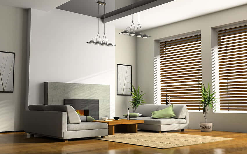 wood floor, gray sofas, large windows, SD Desktop Wallpaper