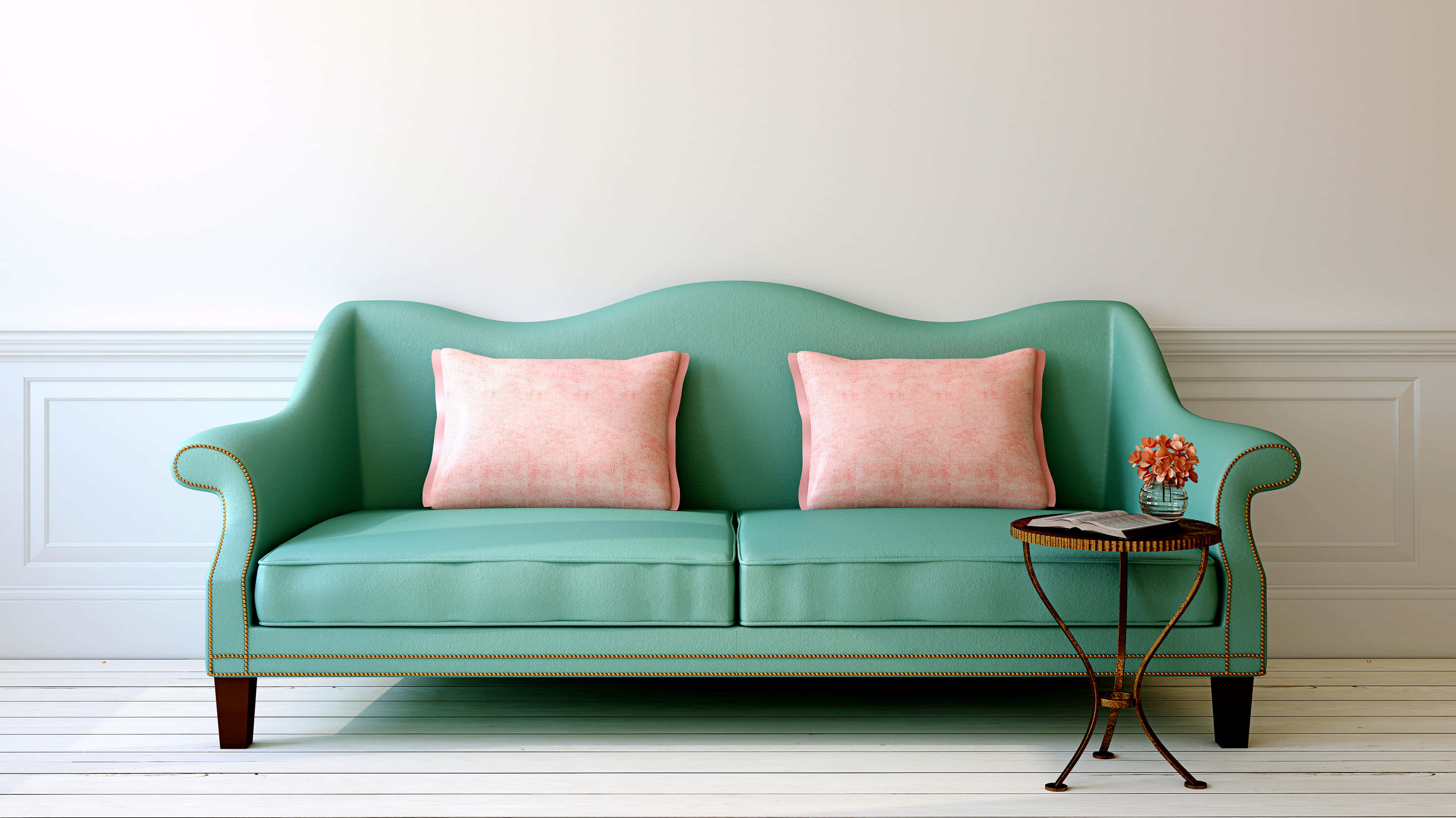 art deco, mint green, pink pillows, 4K Desktop Wallpaper