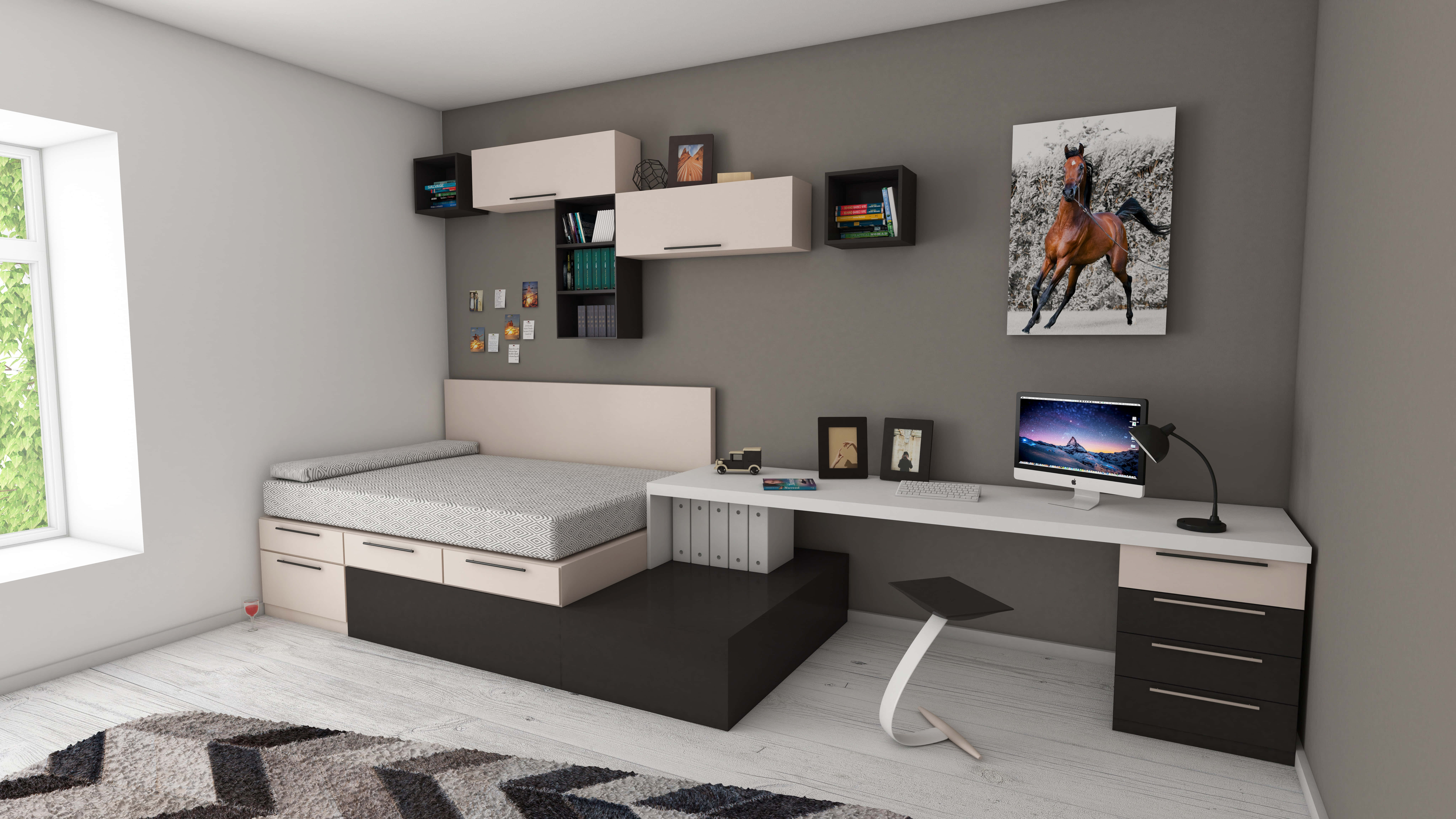 modern minimalist bedroom, sleek black and white furniture, horse artwork, 8K Desktop Wallpaper