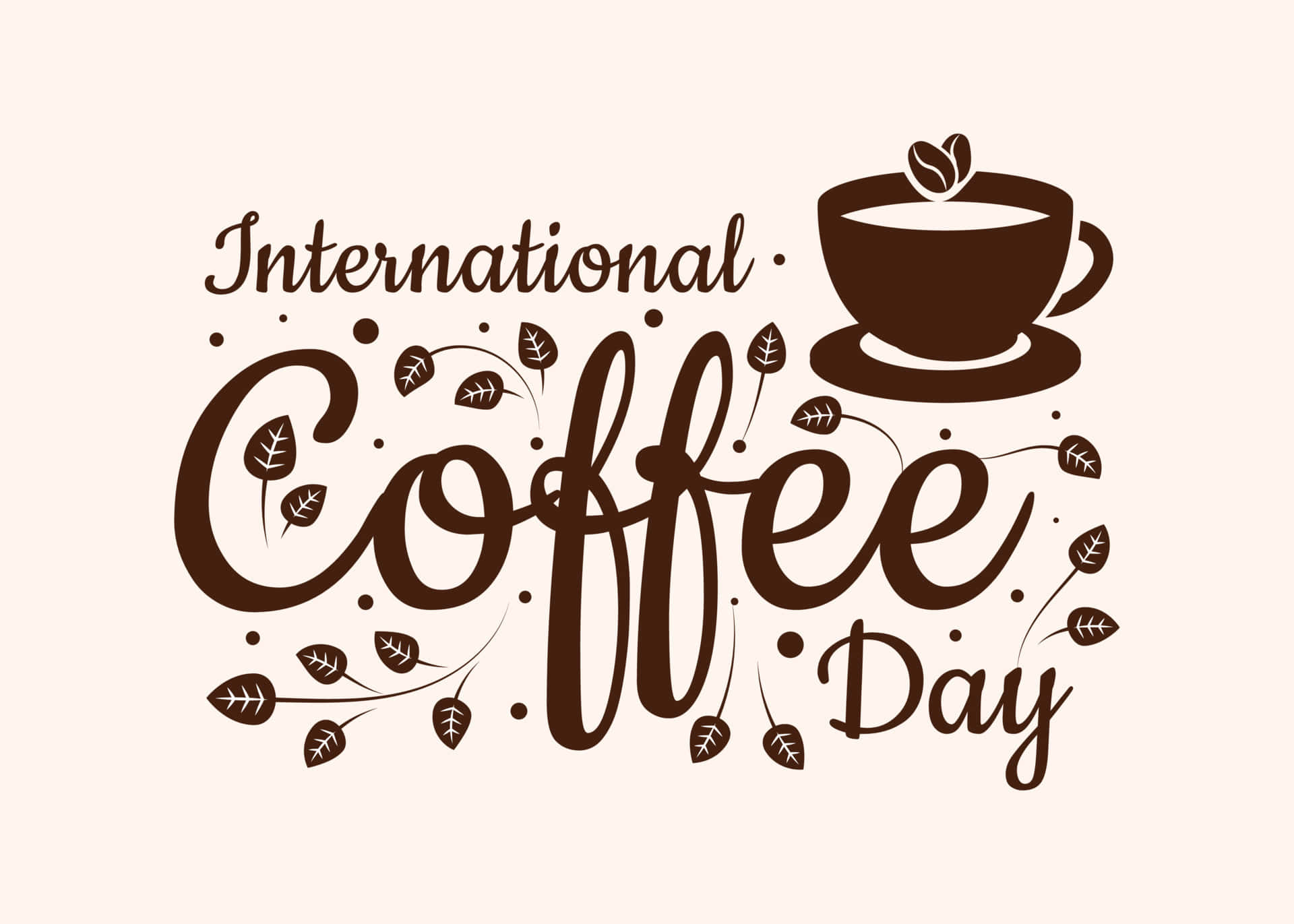 International Coffee Day, brown script, coffee leaves, Full HD Desktop Wallpaper