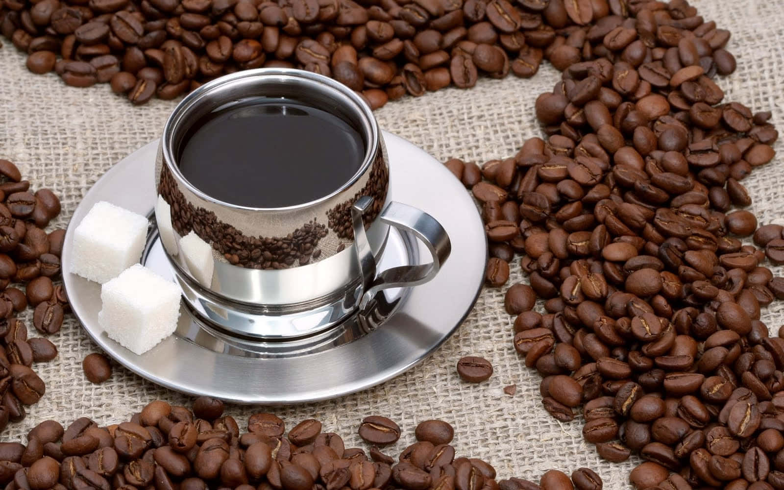 silver cup, black coffee, sugar cubes, HD Desktop Wallpaper