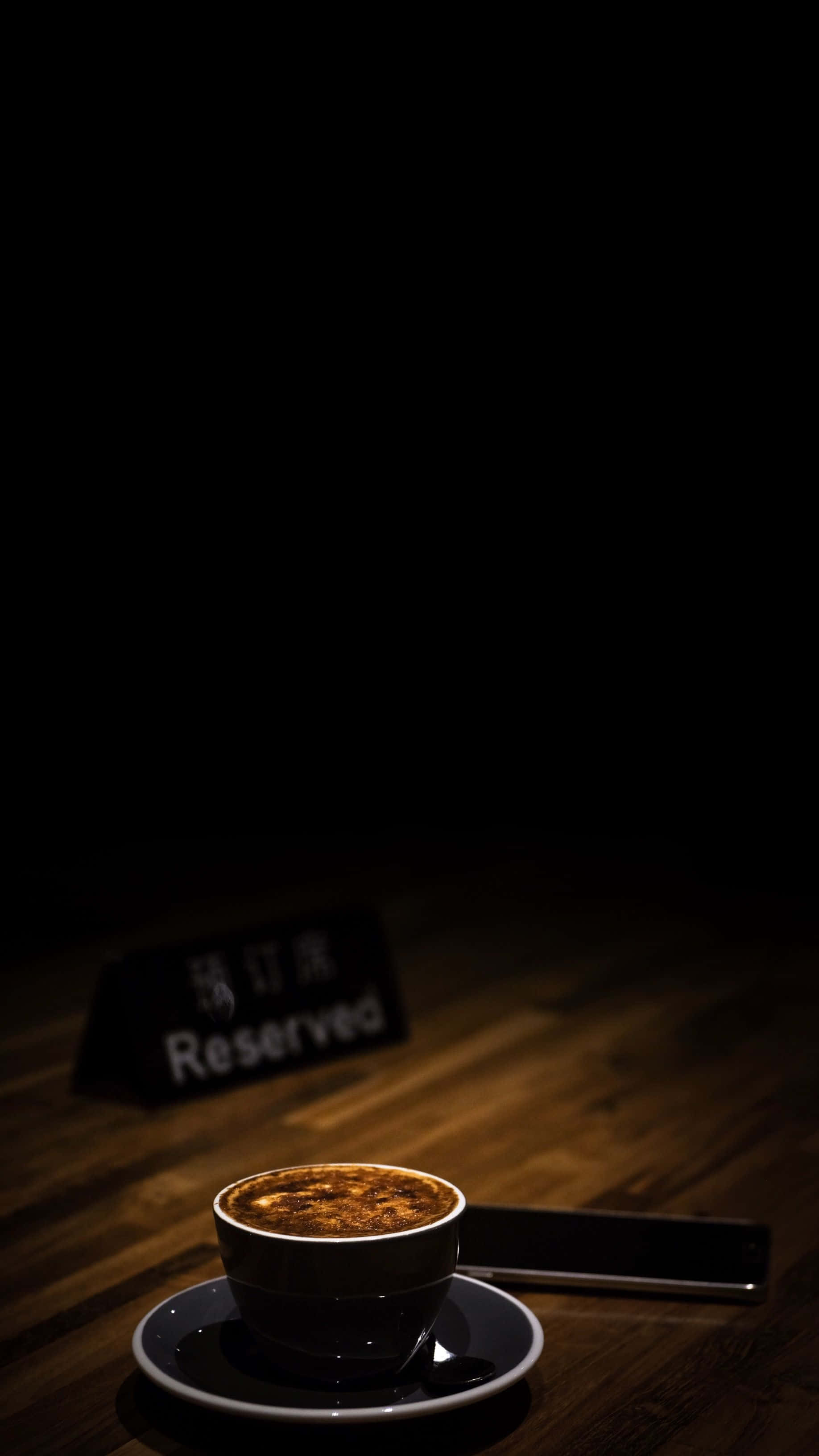 espresso cup, wooden table, phone, 2K Phone Wallpaper