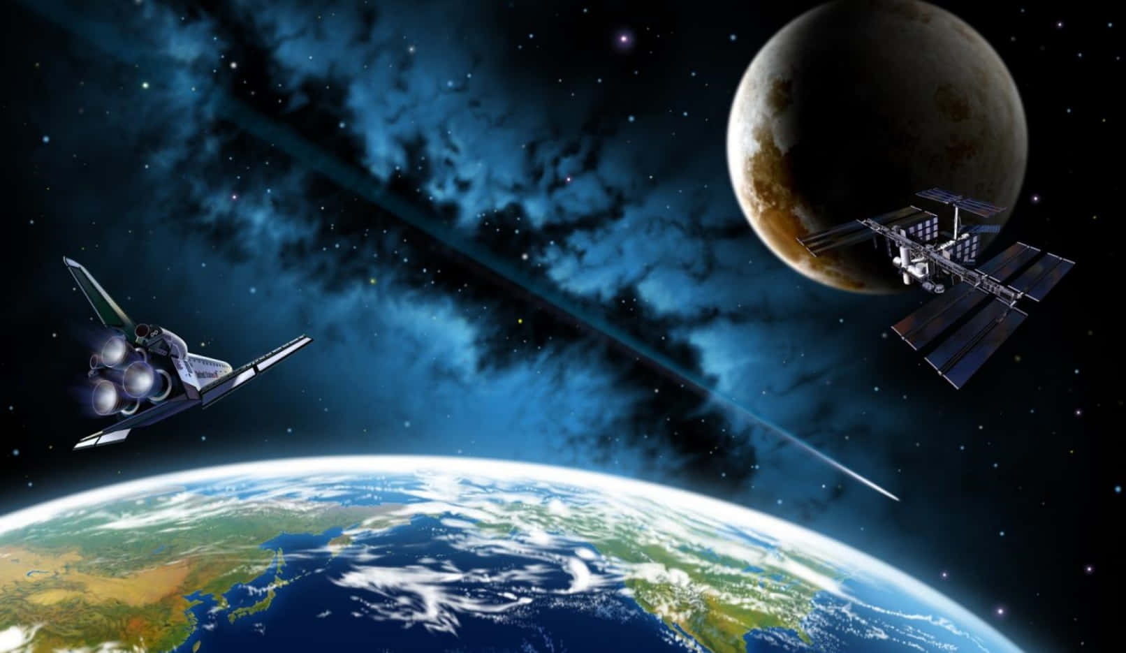 International Space Station, Earth, distant moon, HD Desktop Wallpaper