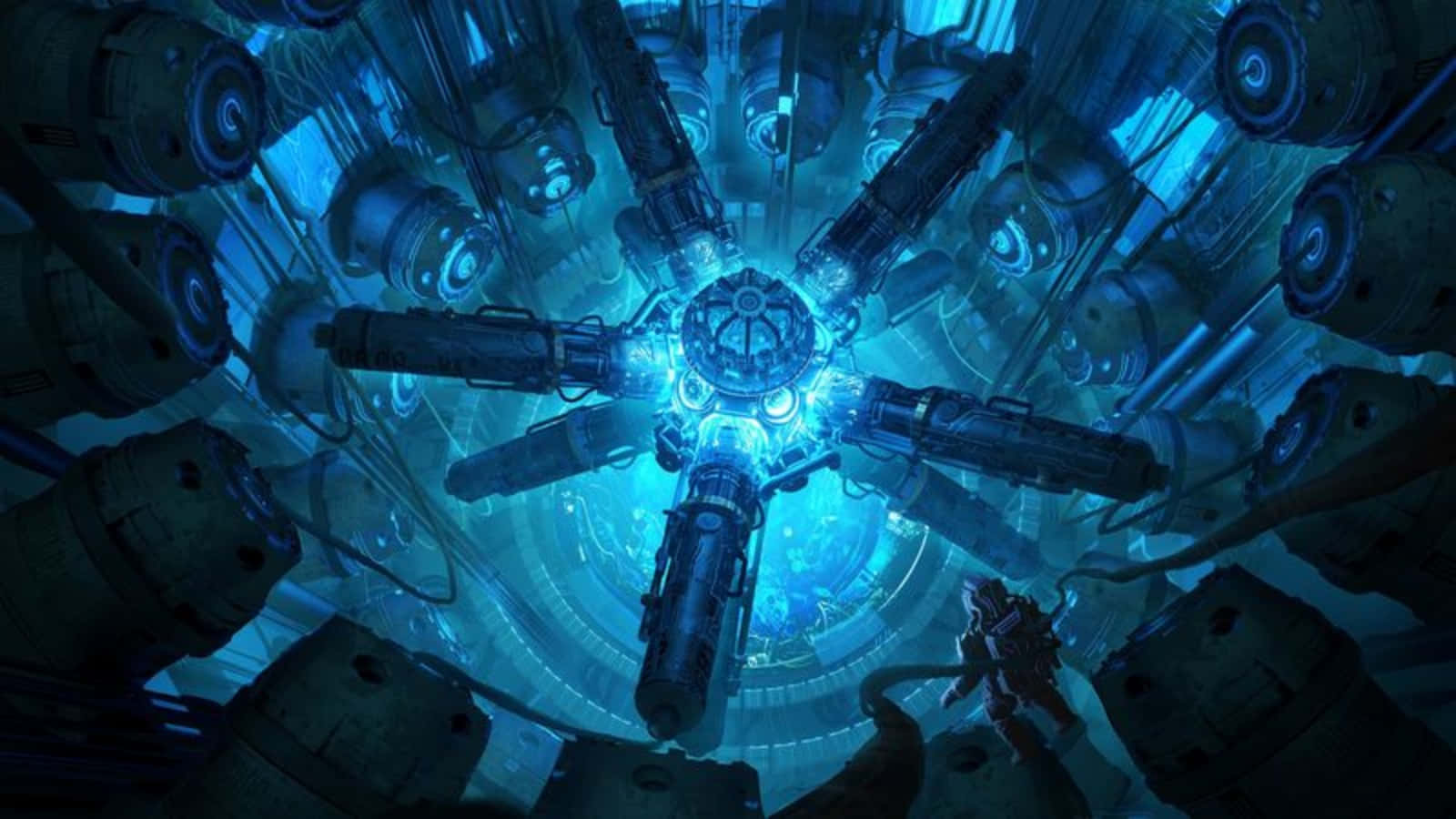 International Space Station, glowing blue central core, massive mechanical arms, HD Desktop Wallpaper