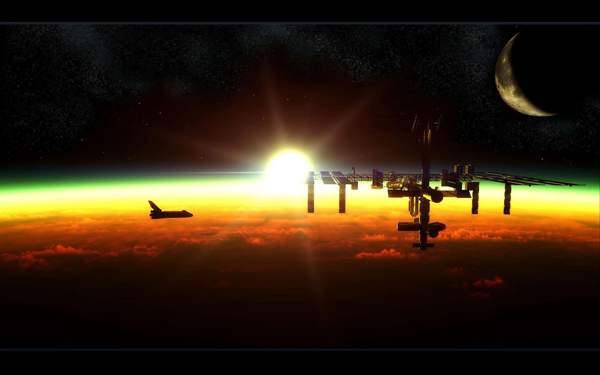 International Space Station, space shuttle, sunrise, Full HD Desktop Wallpaper