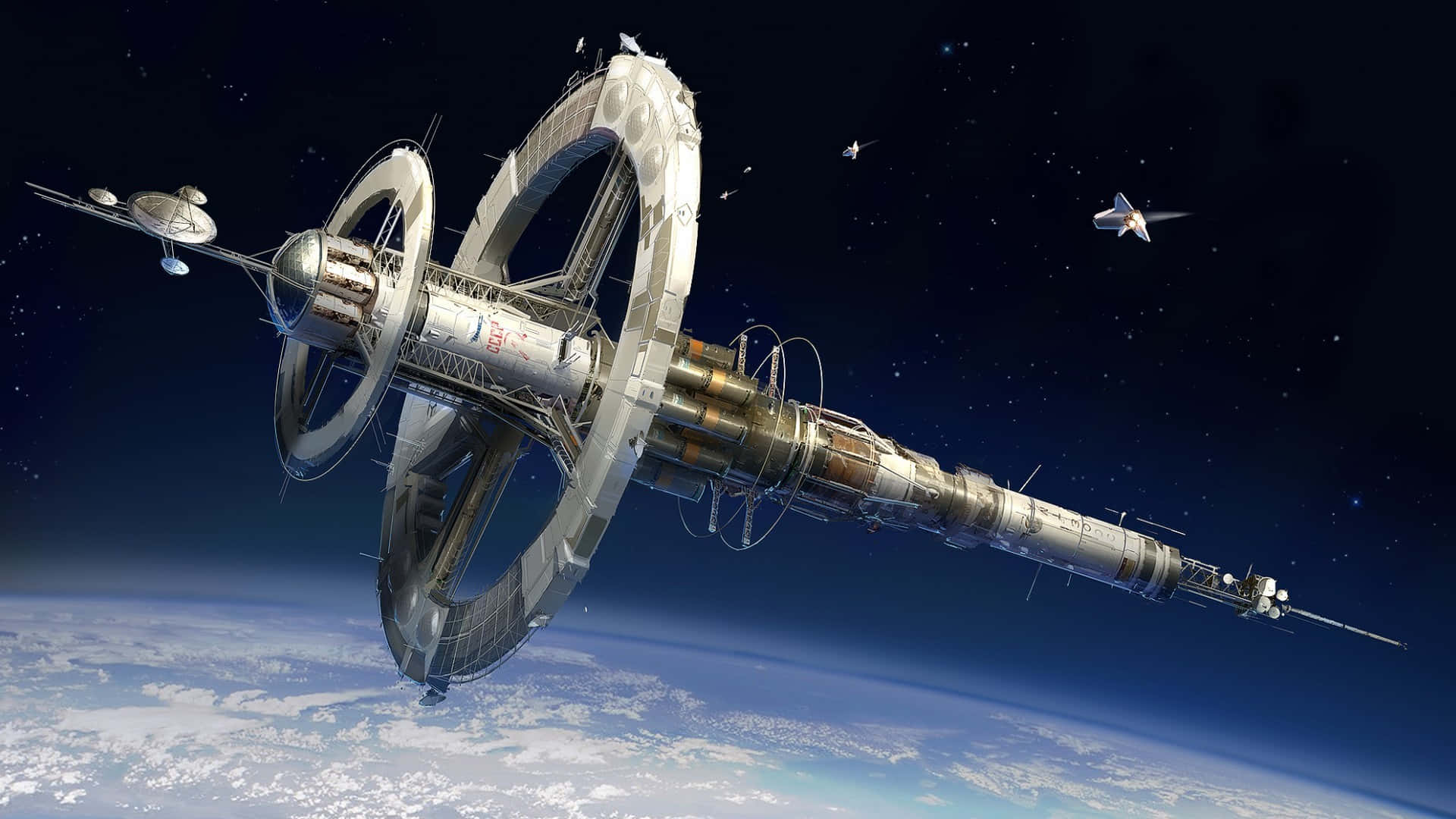 International Space Station, starfield backdrop, futuristic space station, Full HD Desktop Wallpaper