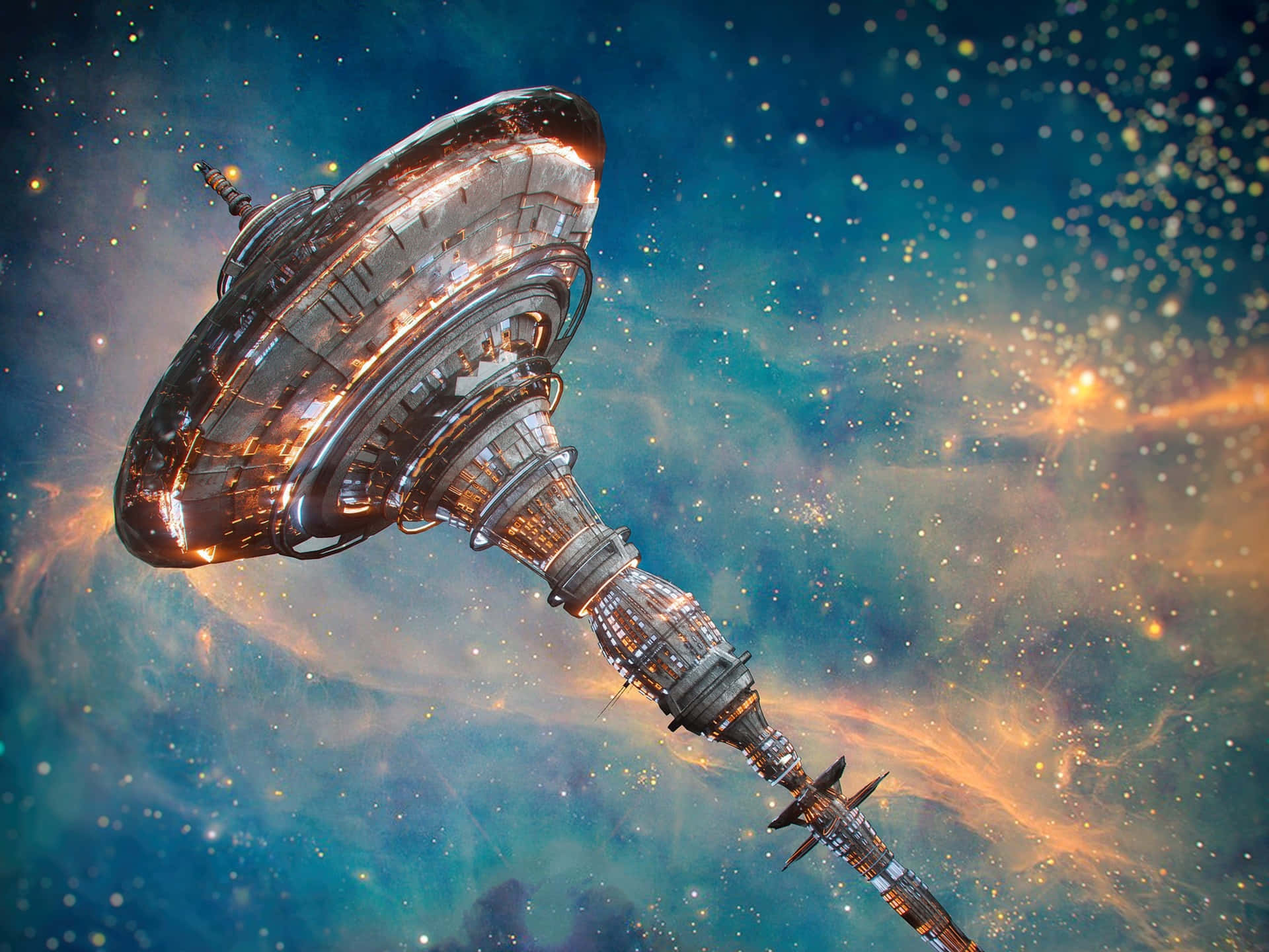 International Space Station, glowing lights, vibrant nebula, Full HD Desktop Wallpaper