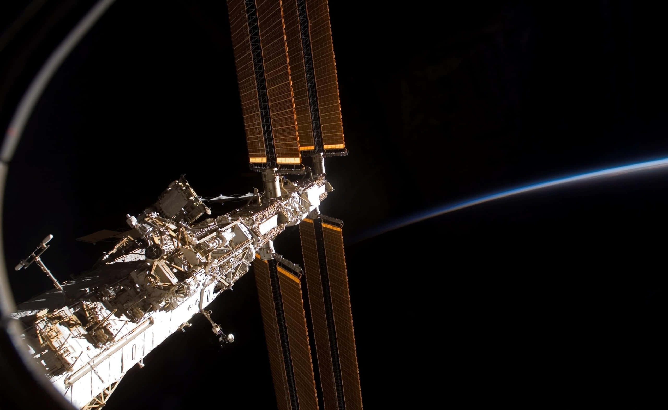 International Space Station, solar panels, black void, 2K Desktop Wallpaper