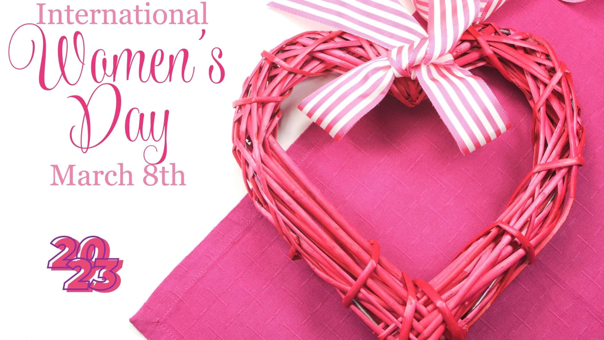 International Women's Day 2023, pink woven heart, striped bow, Full HD Desktop Wallpaper