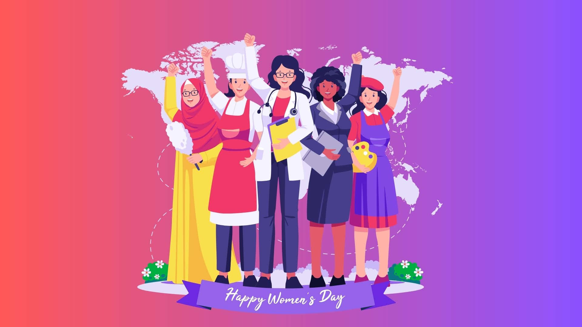 International Women's Day, professional attire, fists triumphantly, Full HD Desktop Wallpaper