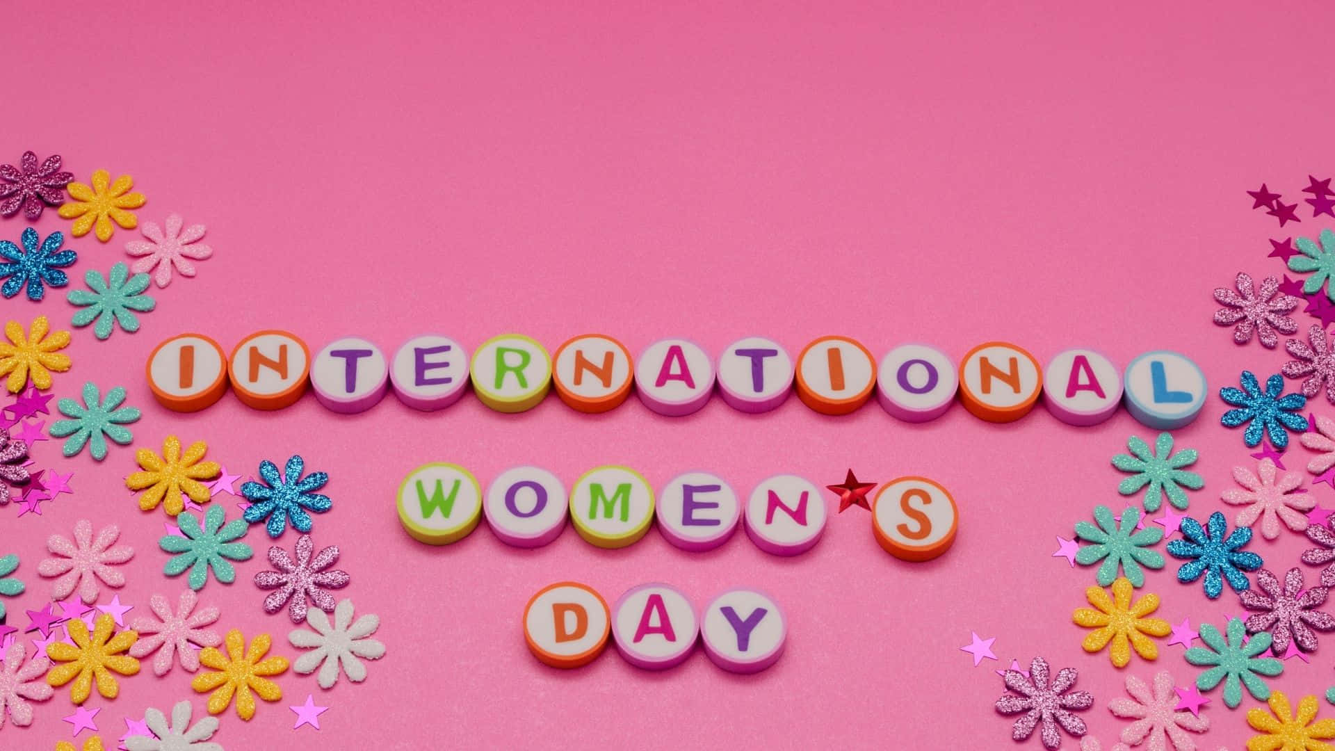 INTERNATIONAL WOMEN'S DAY, vibrant pink background, glittery flowers, Full HD Desktop Wallpaper