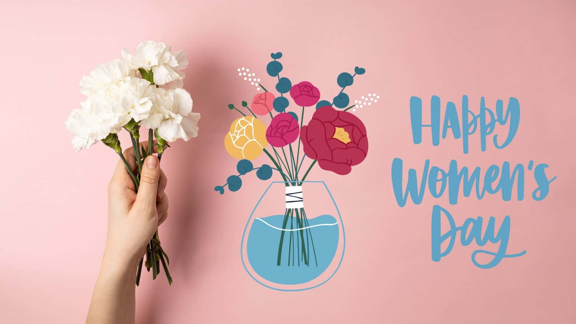 International Women's Day, white carnations, colorful illustrated bouquet, Full HD Desktop Wallpaper