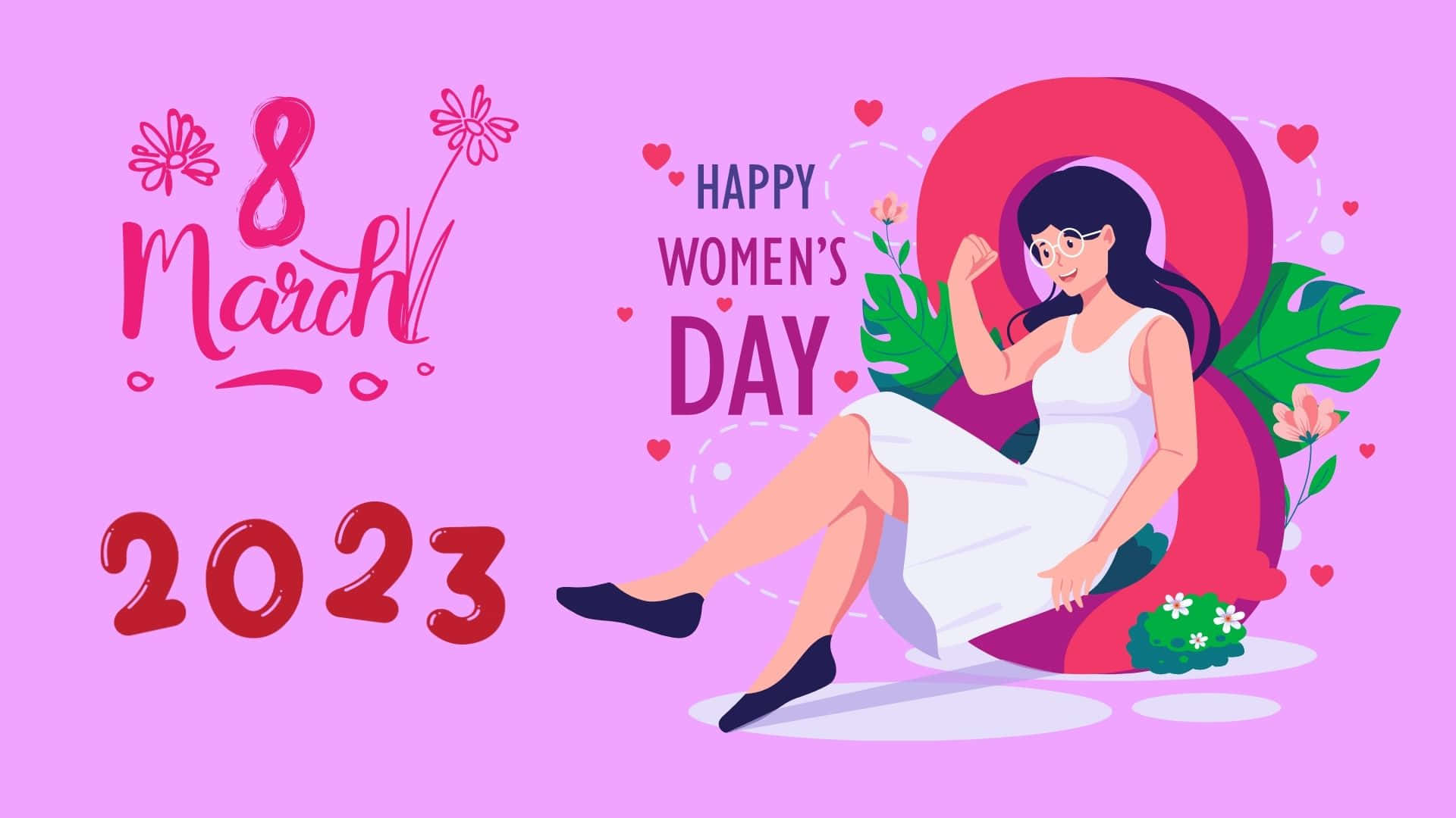 International Women's Day 2023, pink number eight, white dress, Full HD Desktop Wallpaper